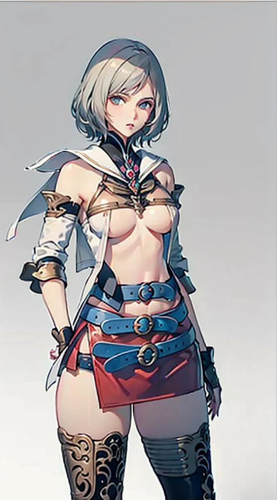 S-curve,s line,(cowboy shot,masutepiece, of the highest quality, Best Quality, Official art, Beautiful and aesthetic:1.2), ighly detailed, Colorful,highest details,Illustrations,Everyday scenery, 1girl in, Solo, (large boob,Final Fantasy 12,Ashelia, shorth hair,short-hair ,Ashelia Costume,Red mini skirt, thighs thighs thighs thighs, Knee socks that cover up to the shin,jewely, Blue belt,A single blue belt, laying flat on a plain background. The belt is made of leather, with a simple silver buckle. The focus is solely on the belt, with no additional items or distractions in the image), is standing, move chart,Medieval fantasy