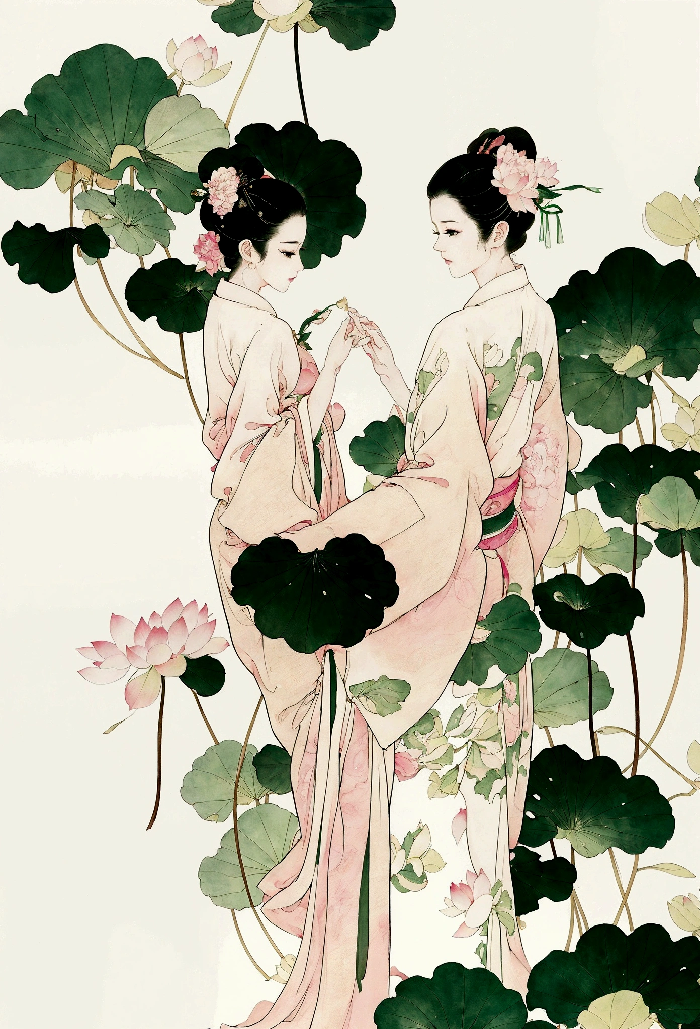 Ink and brushwork style,Lotus,Lotus Leaf,Pink and green color scheme,Simple lines,Hand Painted,HD details,White background,Painting on rice paper,HD 8k