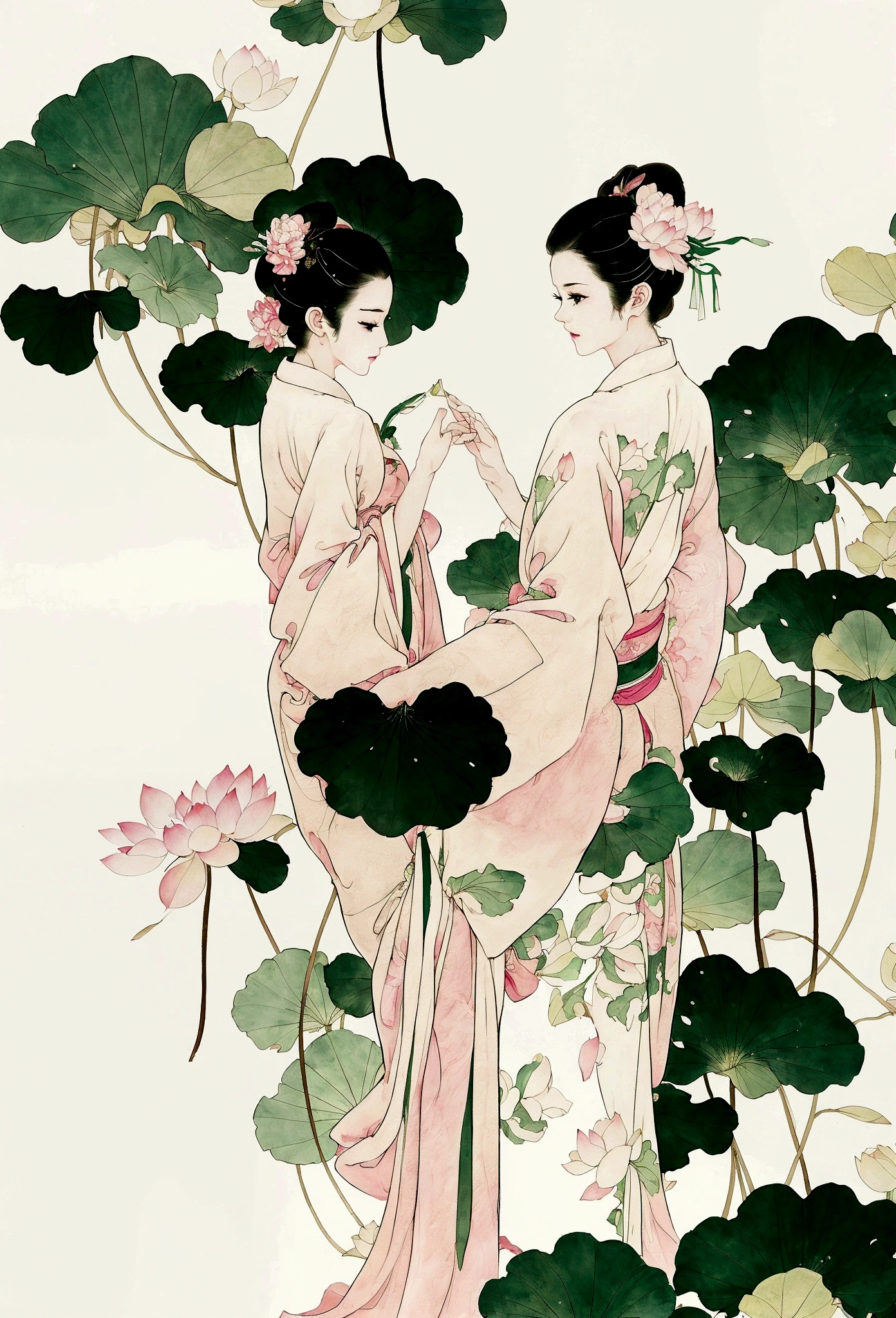 Ink and brushwork style，Lotus，Lotus Leaf，Pink and green color scheme，Simple lines，Hand Painted，HD details，White background，Painting on rice paper，HD 8k