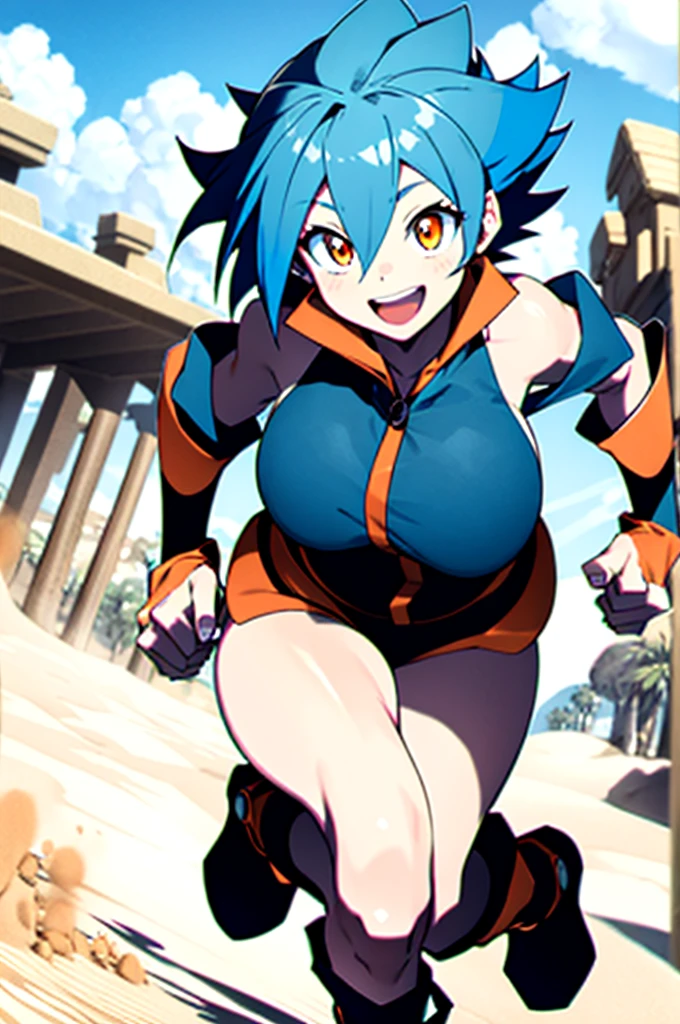 Middle school girl magician、Sand、Plump、running、running、Open Mouth Smile、Blue Hair、Orange Eyes、Blue Hair、Orange Eyes、Black boots