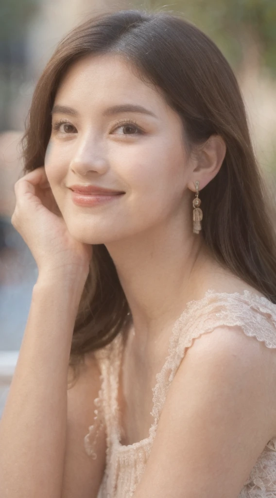((Best Quality, 8K, Masterpiece:1.3)), Focus: 1.2, Perfect Body Beauty: 1.4, Buttocks: 1.2, ((Layered Haircut, Breasts: 1.2)), (Wet Clothes: 1.1), (Rain, Street:1.3), Bandeau Dress: 1.1, Highly Detailed Face and Skin Texture, Fine Eyes, Double Eyelids, Whitening Skin, Long Hair, (Shut Up: 1.3), Smile "Create a high-quality profile picture of a young Latina woman named Bella Rivera. She is 24 years old, with a softer, curvier build and a warm medium-tan complexion. Bella has an oval-shaped face with high cheekbones, almond-shaped dark brown eyes, and thick, well-groomed eyebrows with a natural arch. Her nose is straight with a slight elegant curve, and she has full lips with a natural pink hue. Bella has a bright, warm smile with subtle dimples, and a small beauty mark above her upper lip on the left side. Her long, wavy hair is deep brown with natural highlights.

In this photo, Bella is wearing a casual yet feminine outfit. She is dressed in a flowy, floral-patterned sundress that highlights her curves and enhances her soft build. The dress has a light, pastel color palette and delicate details such as ruffles or lace. She accessorizes with simple, elegant jewelry like small hoop earrings, a delicate necklace, and a couple of bracelets. Her makeup is natural, with a focus on her bright smile and expressive eyes.

Bella should be standing or sitting in a relaxed and comfortable pose, perhaps holding a cup of coffee or a bouquet of flowers, to enhance the casual and feminine vibe. The background should be a softly blurred outdoor setting, like a park or garden, with natural light highlighting her features and outfit."