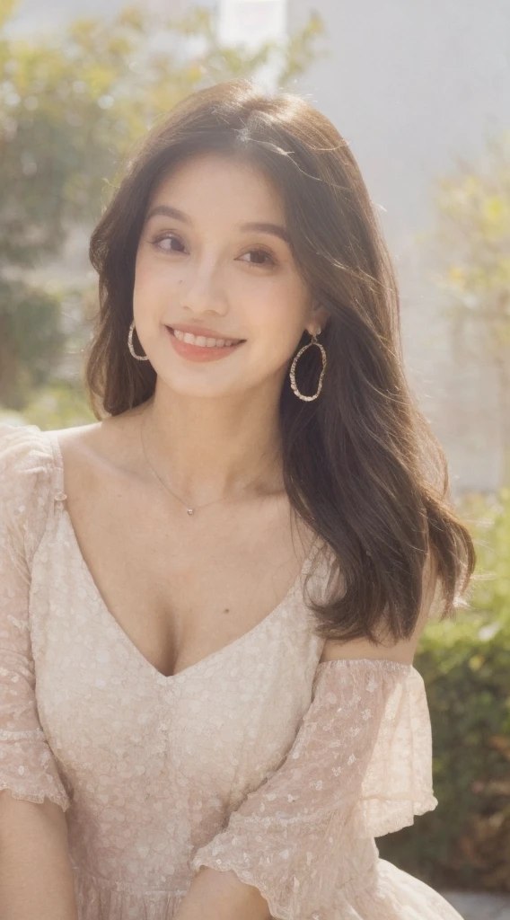 ((Best Quality, 8K, Masterpiece:1.3)), Focus: 1.2, Perfect Body Beauty: 1.4, Buttocks: 1.2, ((Layered Haircut, Breasts: 1.2)), (Wet Clothes: 1.1), (Rain, Street:1.3), Bandeau Dress: 1.1, Highly Detailed Face and Skin Texture, Fine Eyes, Double Eyelids, Whitening Skin, Long Hair, (Shut Up: 1.3), Smile "Create a high-quality profile picture of a young Latina woman named Bella Rivera. She is 24 years old, with a softer, curvier build and a warm medium-tan complexion. Bella has an oval-shaped face with high cheekbones, almond-shaped dark brown eyes, and thick, well-groomed eyebrows with a natural arch. Her nose is straight with a slight elegant curve, and she has full lips with a natural pink hue. Bella has a bright, warm smile with subtle dimples, and a small beauty mark above her upper lip on the left side. Her long, wavy hair is deep brown with natural highlights.

In this photo, Bella is wearing a casual yet feminine outfit. She is dressed in a flowy, floral-patterned sundress that highlights her curves and enhances her soft build. The dress has a light, pastel color palette and delicate details such as ruffles or lace. She accessorizes with simple, elegant jewelry like small hoop earrings, a delicate necklace, and a couple of bracelets. Her makeup is natural, with a focus on her bright smile and expressive eyes.

Bella should be standing or sitting in a relaxed and comfortable pose, perhaps holding a cup of coffee or a bouquet of flowers, to enhance the casual and feminine vibe. The background should be a softly blurred outdoor setting, like a park or garden, with natural light highlighting her features and outfit."