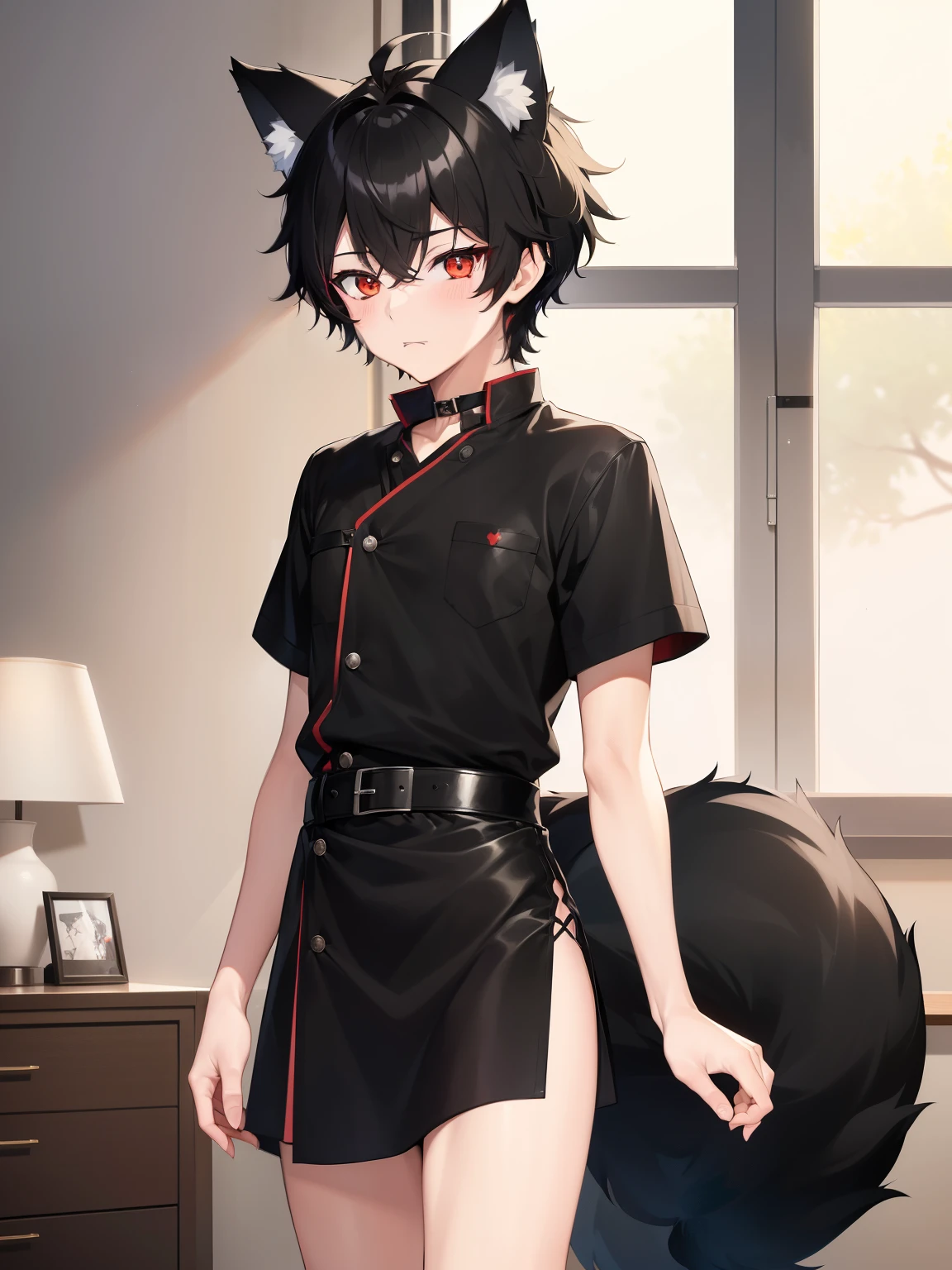 ((masterpiece, best quality, anime)), ((19 year old Boy)), ((4'6ft)) cute, ((Black messy short hair)) Black ,((Red eyes)), ((Black Really Fluffy Wolf tail)) ((1tail)) ((Black Wolf ears)), Cute expression, nurse outfot