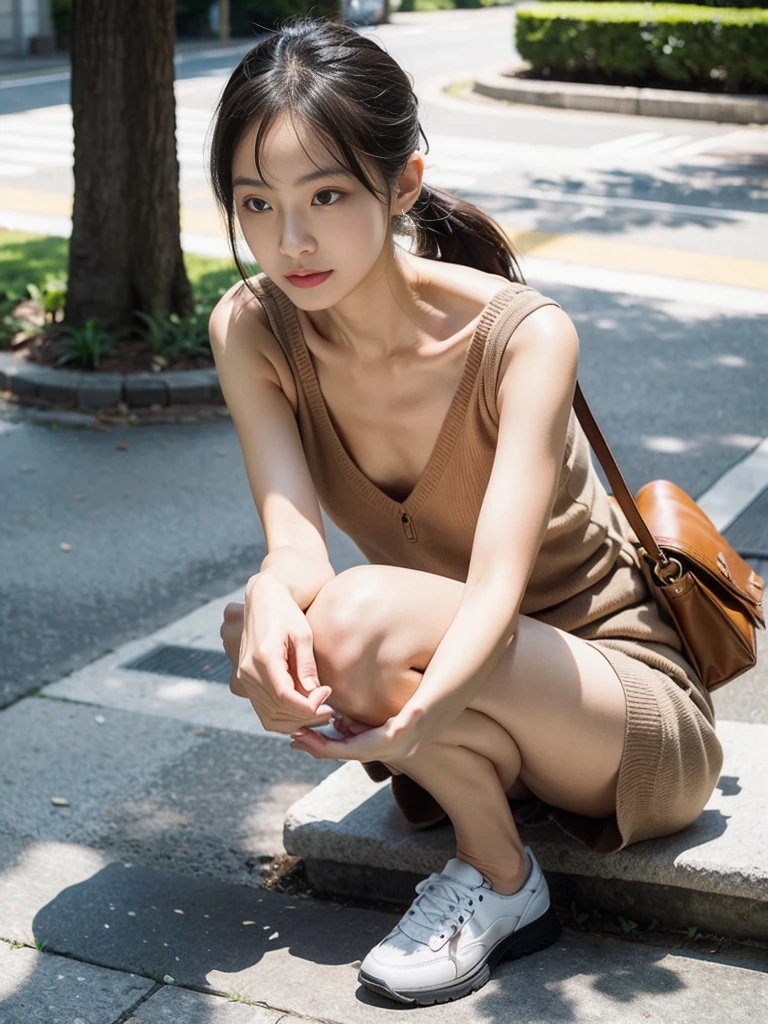 masterpiece, 8K, Photorealistic, Optimal ratio, Detailed face,((No clothes))、((Crouch)),(Completely naked)、Immature girl1people,Thick pubic hair,The vagina looks good、Focus on the vagina、Small nipples、Slender body、Being thin、Long, slender legs、With legs apart,((MCharacter splits))、Focus on the vagina、loafers,Young face、bangs,A small smile,Touching hair with your hands,Ponytail with barrette,school bag,From below,Front light,Leaning on a park bench with legs apart