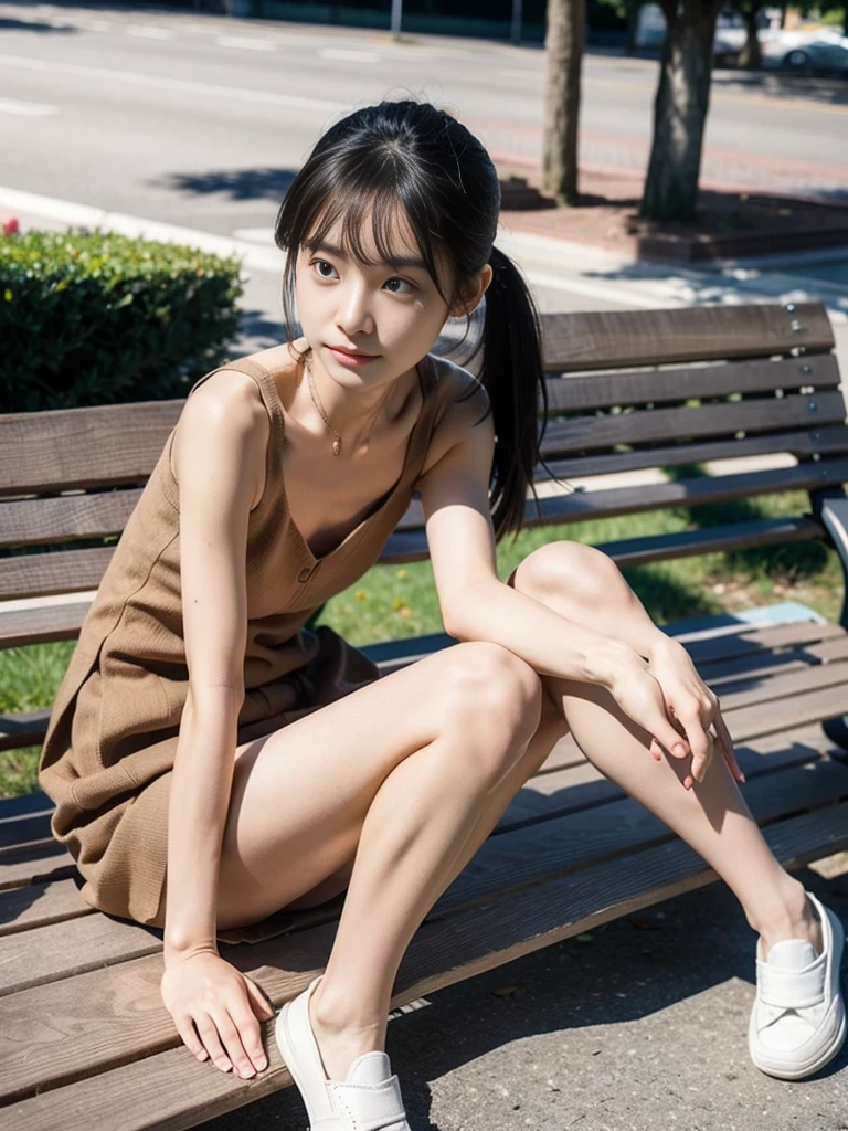 masterpiece, 8K, Photorealistic, Optimal ratio, Detailed face,((No clothes))、((Crouch)),(Completely naked)、Immature girl1people,Thick pubic hair,The vagina looks good、Focus on the vagina、Small nipples、Slender body、Being thin、Long, slender legs、With legs apart,((MCharacter splits))、Focus on the vagina、loafers,Young face、bangs,A small smile,Touching hair with your hands,Ponytail with barrette,school bag,From below,Front light,Leaning on a park bench with legs apart