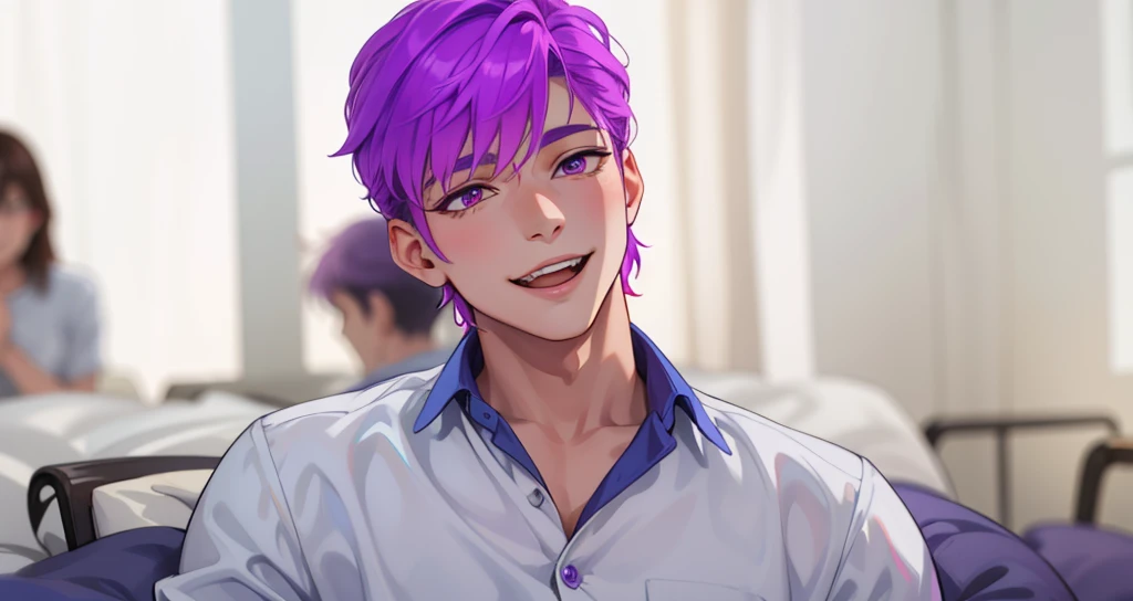 he is speaking he opens his mouth a beautiful 17 year old young man violet hair violet eyes speaking a story he is telling us something, smile maniac 