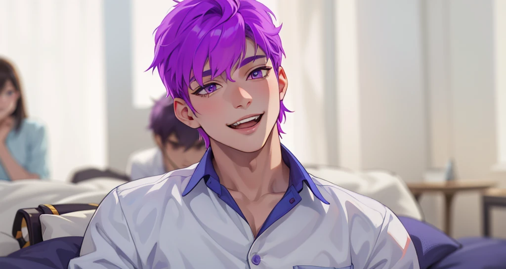 he is speaking he opens his mouth a beautiful 17 year old young man violet hair violet eyes speaking a story he is telling us something, smile maniac