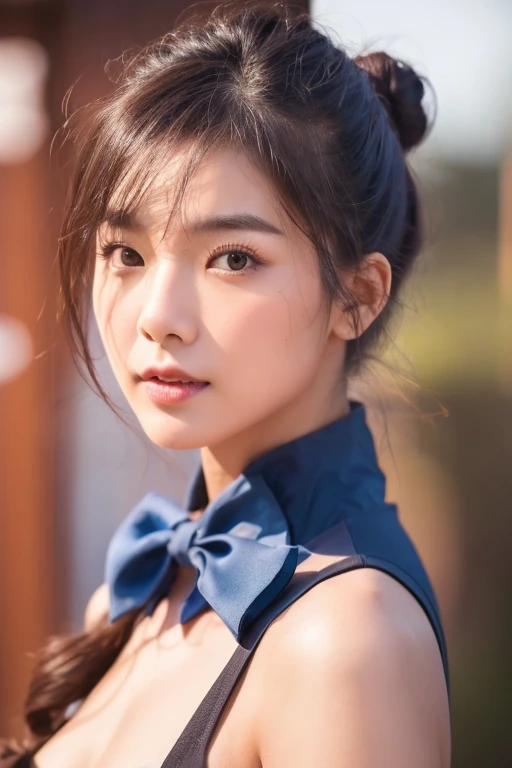 Brownish black hair, Iris, Fair skin, Face like goose eggs, atmosphereのある顔の特徴, expensive, Confidence and strength, Firm and plump, Curly Hair, Hair Bun, With hairpin, Red Rose, Blue Butterfly, White Rabbit, signboard, Official Quality, mysterious, Light and shadow, Correct Proportions, aesthetics, atmosphere,