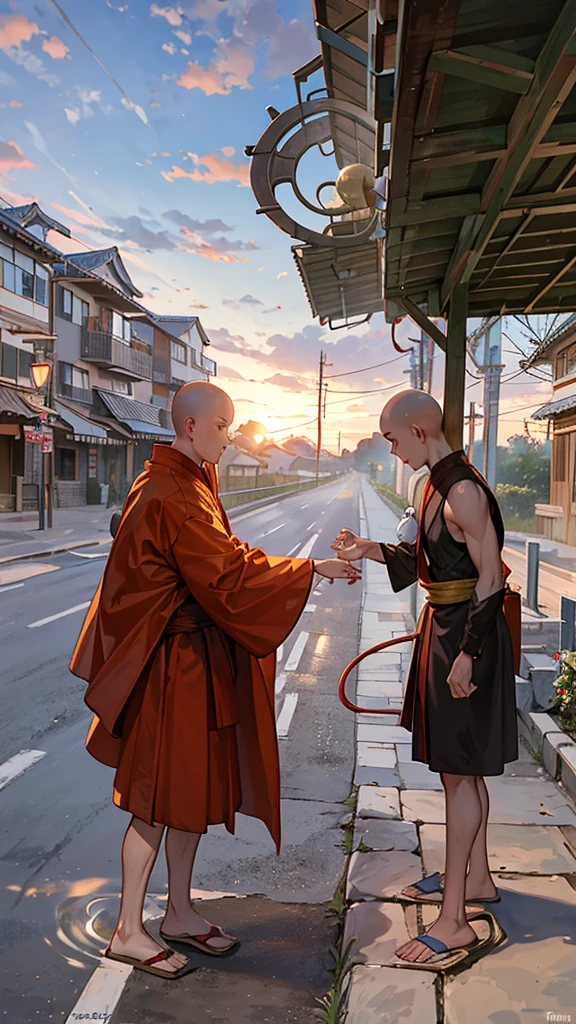 arafed monk giving a boy a water hose on the side of the road, Buddhist monk, 2 1 st century monk, fisting monk, monk, Thawan Duchanee, pray, monk meditate, Taken at golden hour, wearing a brown coat, monks, very powerful, The difficult morning light, Buddhist, Powerful photos, at dawn