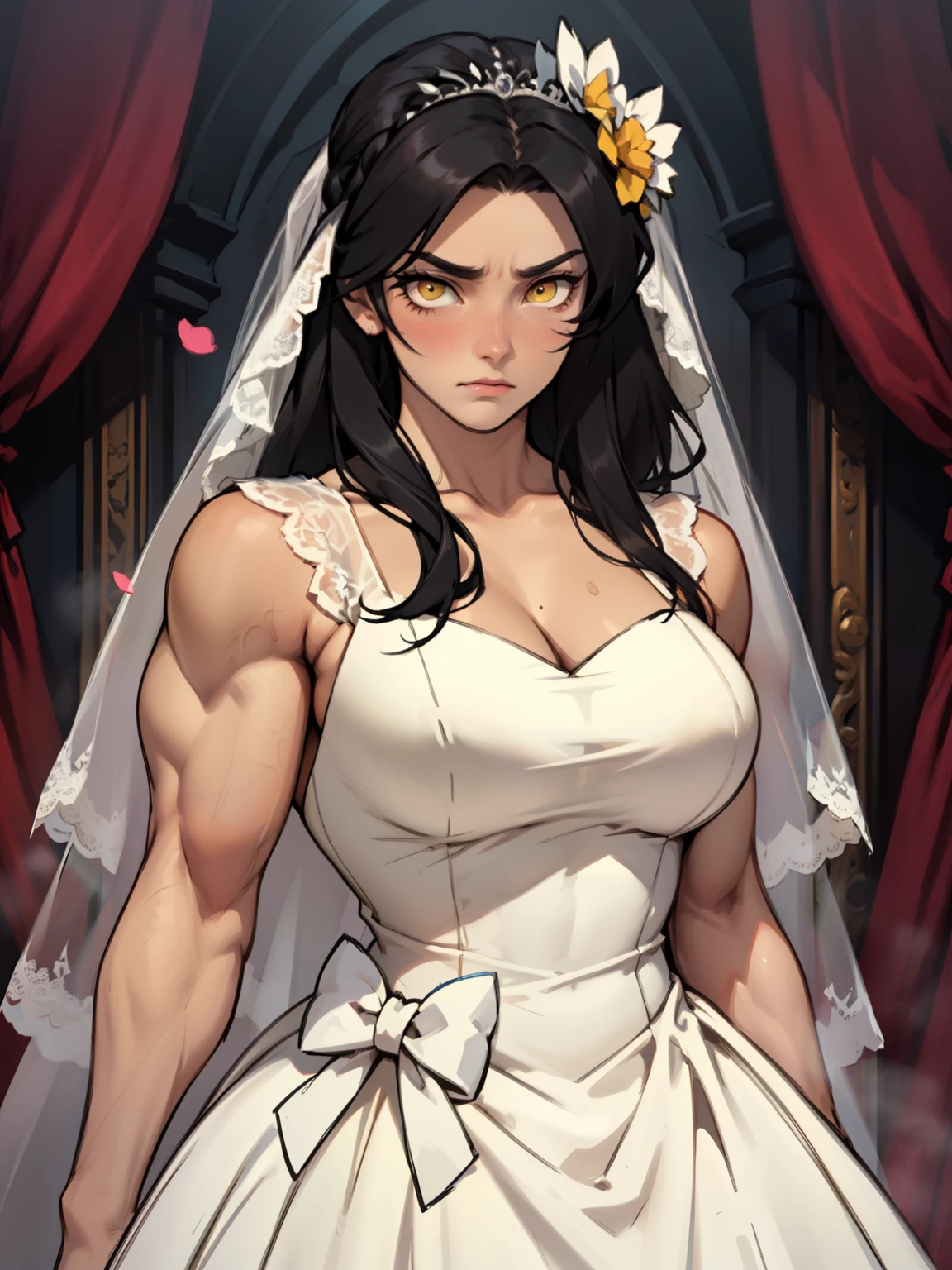 large breasts muscular toned body bodybuilder black hair pale skin yellow eyes skintight expressionless sad sad wedding dress wedding dress wedding dress solo