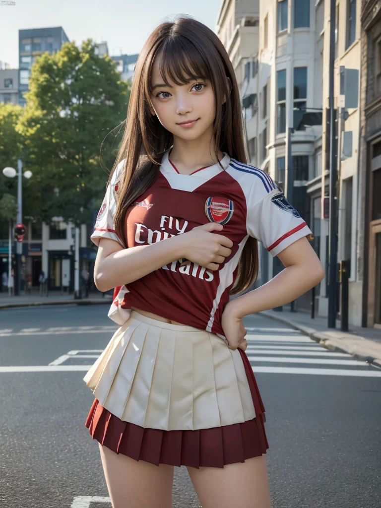 (8K, RAW Photos, Highest quality, masterpiece:1.2), (Realistic, photo-Realistic:1.4), (Highly detailed 8K wallpapers), ((Full Body Shot)), (1 girl), Sharp focus, Depth of written boundary, Cinematic lighting, Soft Light, 緻密な美しさのeye, eye_Chan, Very beautiful 17 year old girl, innocent big eyes, Realistic, photo Realistic, Highly detailed cute girl, (Thin thighs), (Model Body Type), (((Arsenal Soccer Jersey))), ((Micro Mini Pleated Skirt)), (((Fold your arms in front of your chest and act arrogantly))), ((A happy smile)), Parted lips, Watching the audience, (On the streets of Britain) , (Brown Hair),(Long Bob Hair), (Asymmetrical bangs)