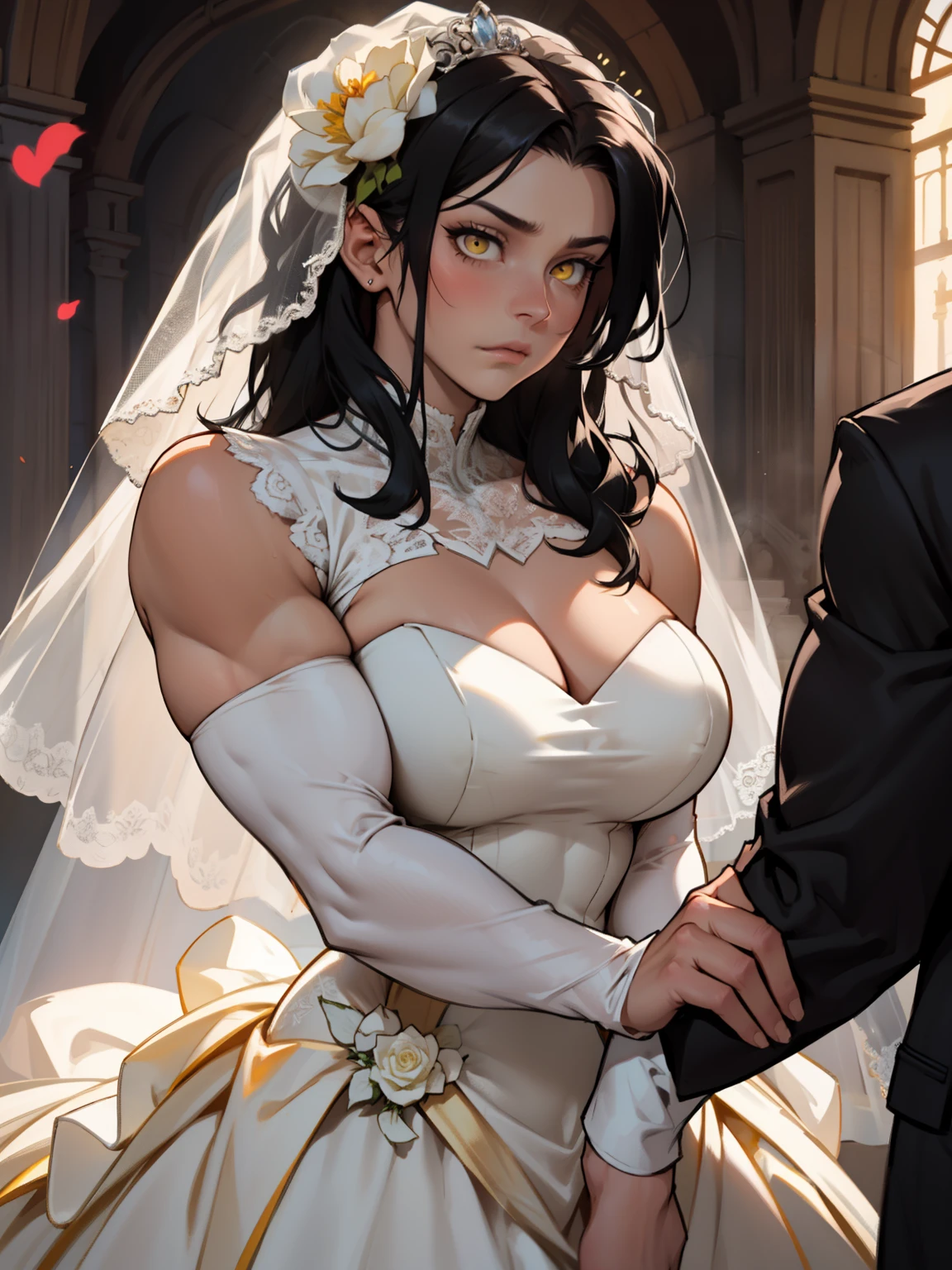 large breasts muscular toned body bodybuilder black hair pale skin yellow eyes skintight expressionless sad sad wedding dress wedding dress wedding dress solo