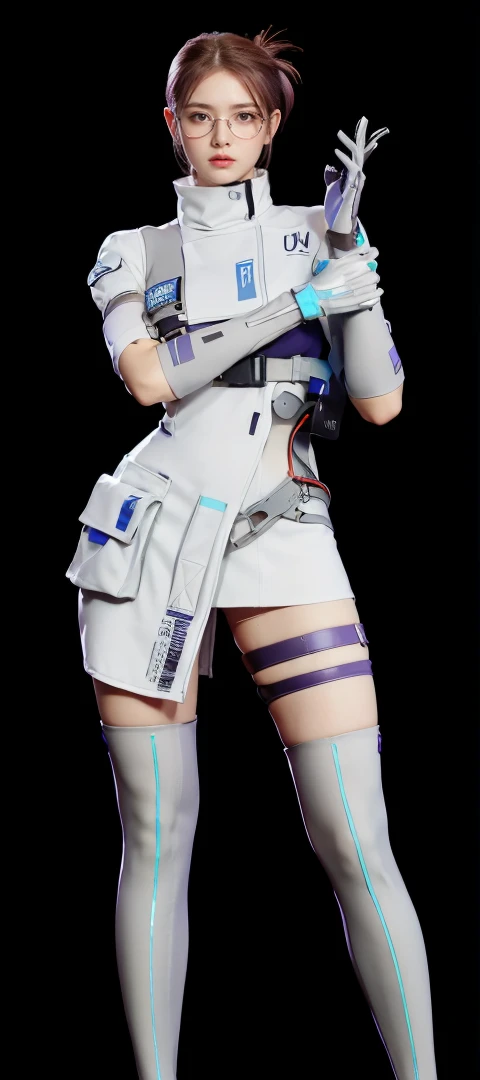 (Wearing glasses on face:1.5)best quality,masterpiece,Very detailed,high resolution,4K,ultra high resolution,Detailed shadows,ultra Practical,Practical,Dramatic Lighting,1 girl,Solitary,Delicate face,Practical eyes,Practical skin,White Dress,Purple Hair,Dynamic poses, White lace dress
