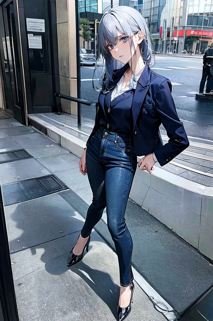 Elegant but somewhat disheveled. Slightly disheveled hair, intense stare, professional but practical attire,With dark gray jacket,blue jeans and high shoes, with an anime style with silver hair ,bust g cup and noticeable hips