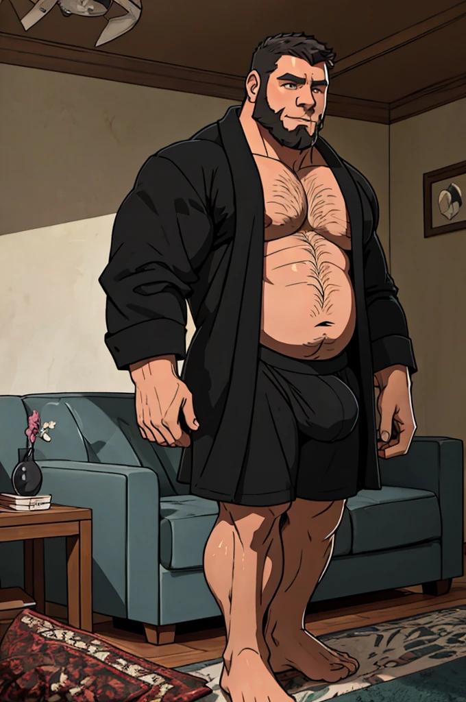 40 years old white Male, tall, giant body, handsome, dad bod, beefy, strong arms and legs, wide shoulders, a bit chubby muscle gut, a bit of fat but still very muscular, extremely hairy, a lot of body hair, short beard, wearing an untie black bathrobe with long sleeves, wearing a short black boxer brief, unrealistic oversized big bulge, barefoot, smirking, modern minimalist living room