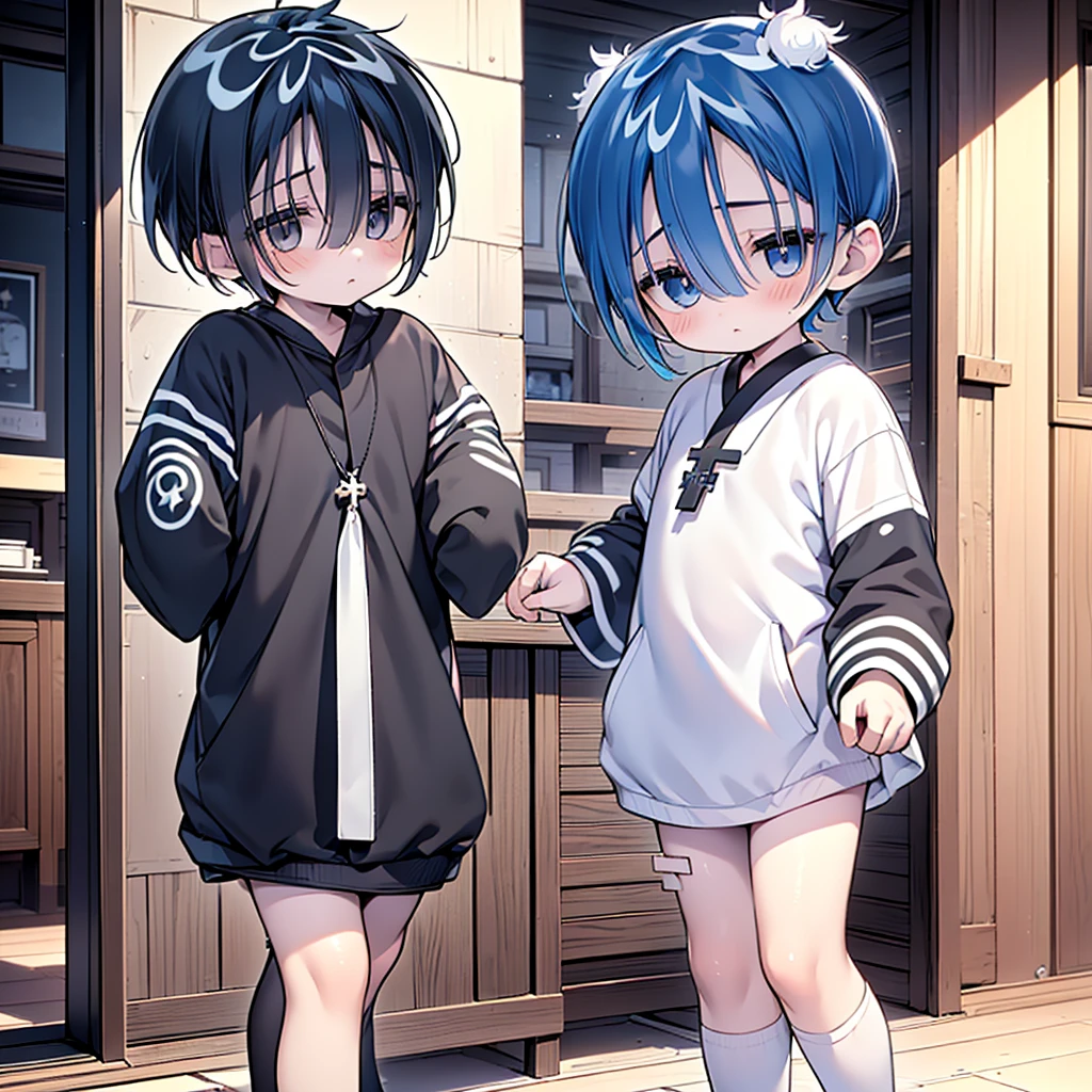 4K, (masterpiece:1), Little、black colored hair and shiny, Black short hair、Blue inner color mesh、amazing, Cinematic, young, Androgynous toddler, tiny feet, Blushing, (young:1.4), (child:1.4), (Shota:1.4),, (boy:1.4), (Sacred clothing:1.4), (amazing:1.4), (Pause:1.4), 