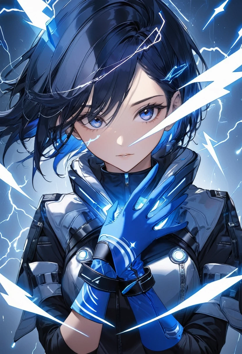 futuristic high tech blue gloves with lightning bolt symbols