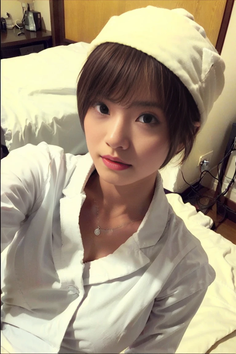 Completely naked(Lift up your white shirt to reveal your chest:1.4)beautiful２０1 year old woman, , (reality: 1.4), Smartphone image quality, Japanese, Asian Beauty,Double Eyes、 46 point diagonal bangs , beautiful肌、Medium chest、(Selfie:1.2),On the bed、(nsfw:1.4)、Put your chest close、Boyish Short Hair、Slightly blurry image quality、