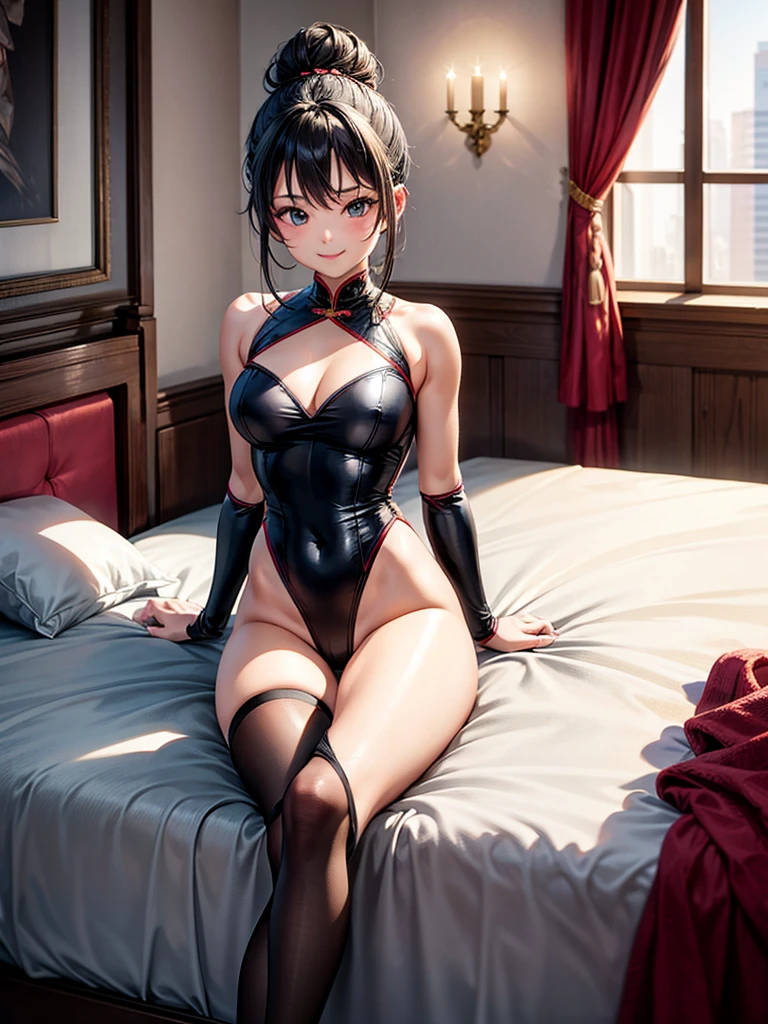 Highest Resolution,Highest quality,Woman in black Chinese leotard,smile,Bun Hair,Bedroom,bed,High leg,