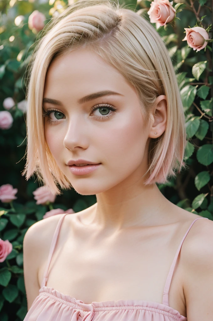 8k, RAW photo, Fujifilm, style photo of a beautiful young woman as avril in a garden of light pink roses (highly detailed skin: 1.2) Style-Petal BREAK short hair, blonde hair with colored locks, wearing a dress, film granulation, 35mm, cute style