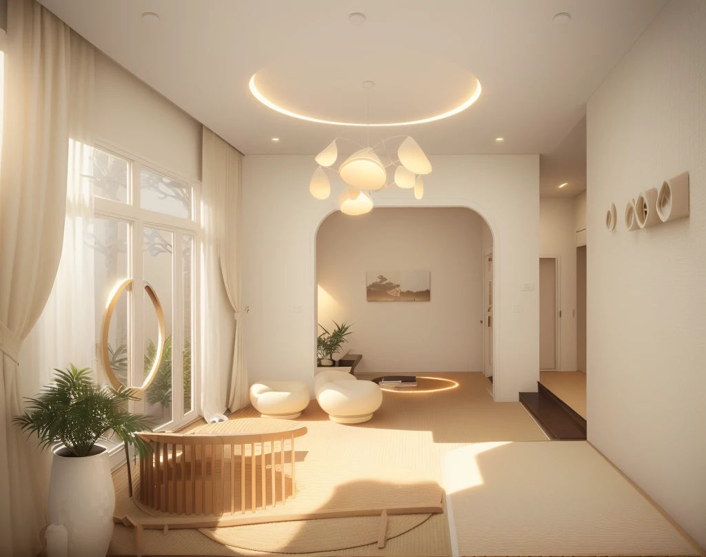 arafed living room with a white couch and a coffee table, modern japanese living room, Muji style, cream and white color scheme, cream - colored room, beige color scheme, soft zen minimalist, modern earthy neutral earthy, brown and white color scheme, beige and dark atmosphere, serene and peaceful style, muted colors with minimalism, warm living room, sand - colored walls, masterpiece, best quality, (extremely detailed CG unity 8k wallpaper), (best quality), (best illustration), (best shadow), absurdres, realistic lighting, (Abyss), beautiful detailed glow, art by PeterMohrBacher,