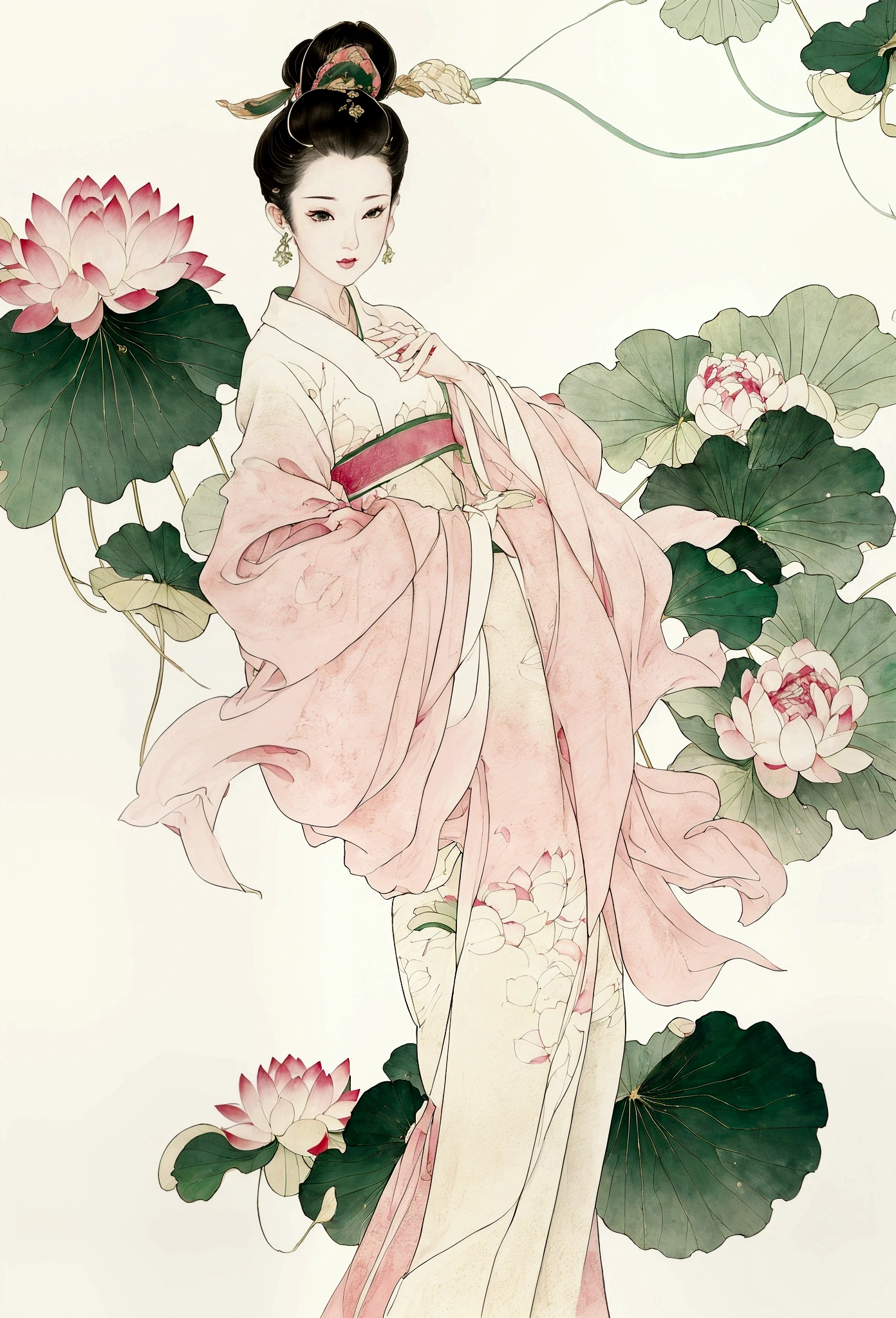 Ink and brushwork style,Lotus,Lotus Leaf,Pink and green color scheme,Simple lines,Hand Painted,HD details,White background,Painting on rice paper,HD 8k