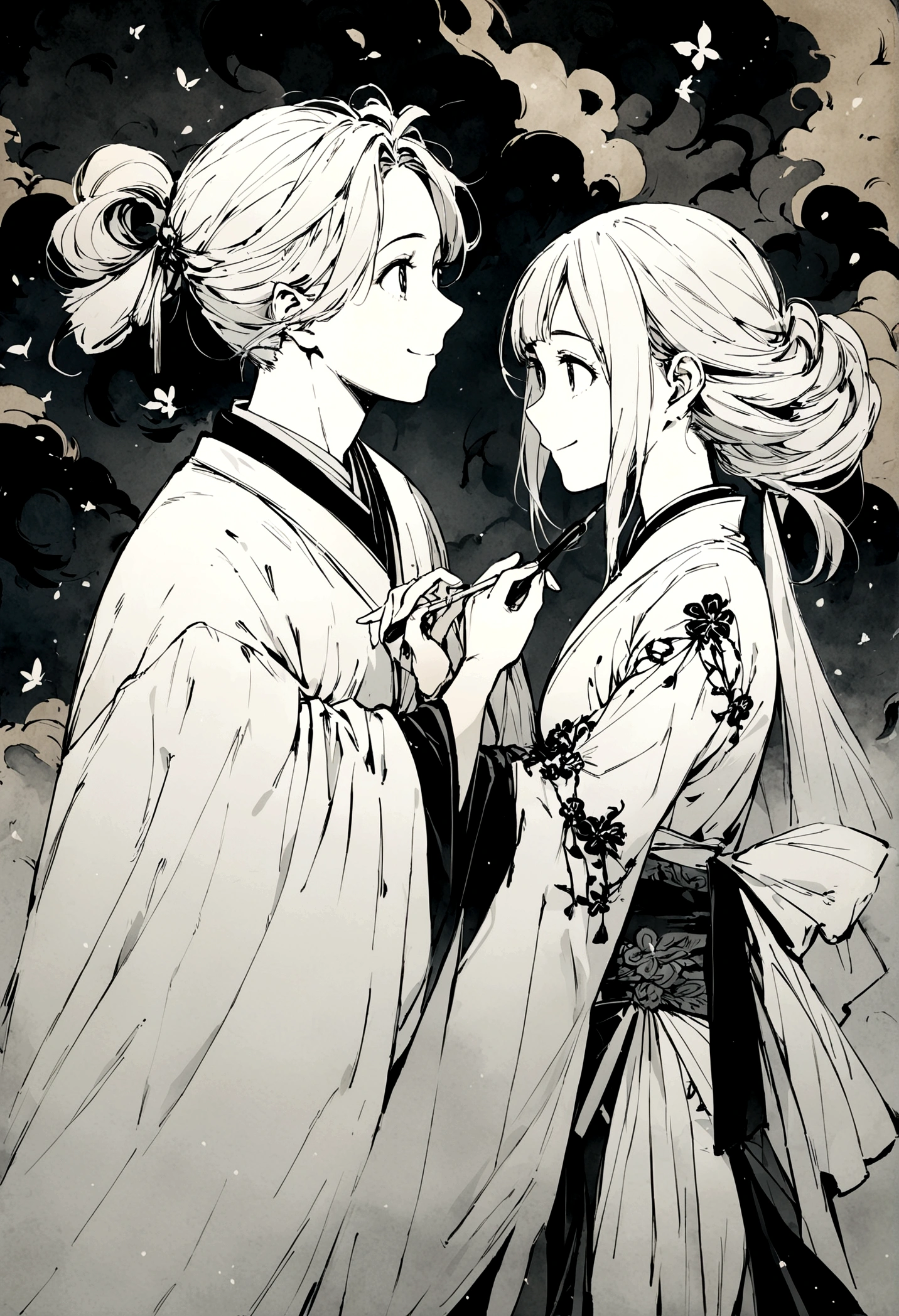 (A couple, beautiful girl and boy), big watery eyes, looking at each other, smiling and wearing white clothes, delicate hair, an ancient Chinese beauty and Handsome guy, wearing ancient Chinese clothing, flowing tulle, light silk,(clean background), ink painting style, clean color, decisive cutting, blank, freehand, masterpiece, super detailed, epic composition, high quality, the highest quality, 4k