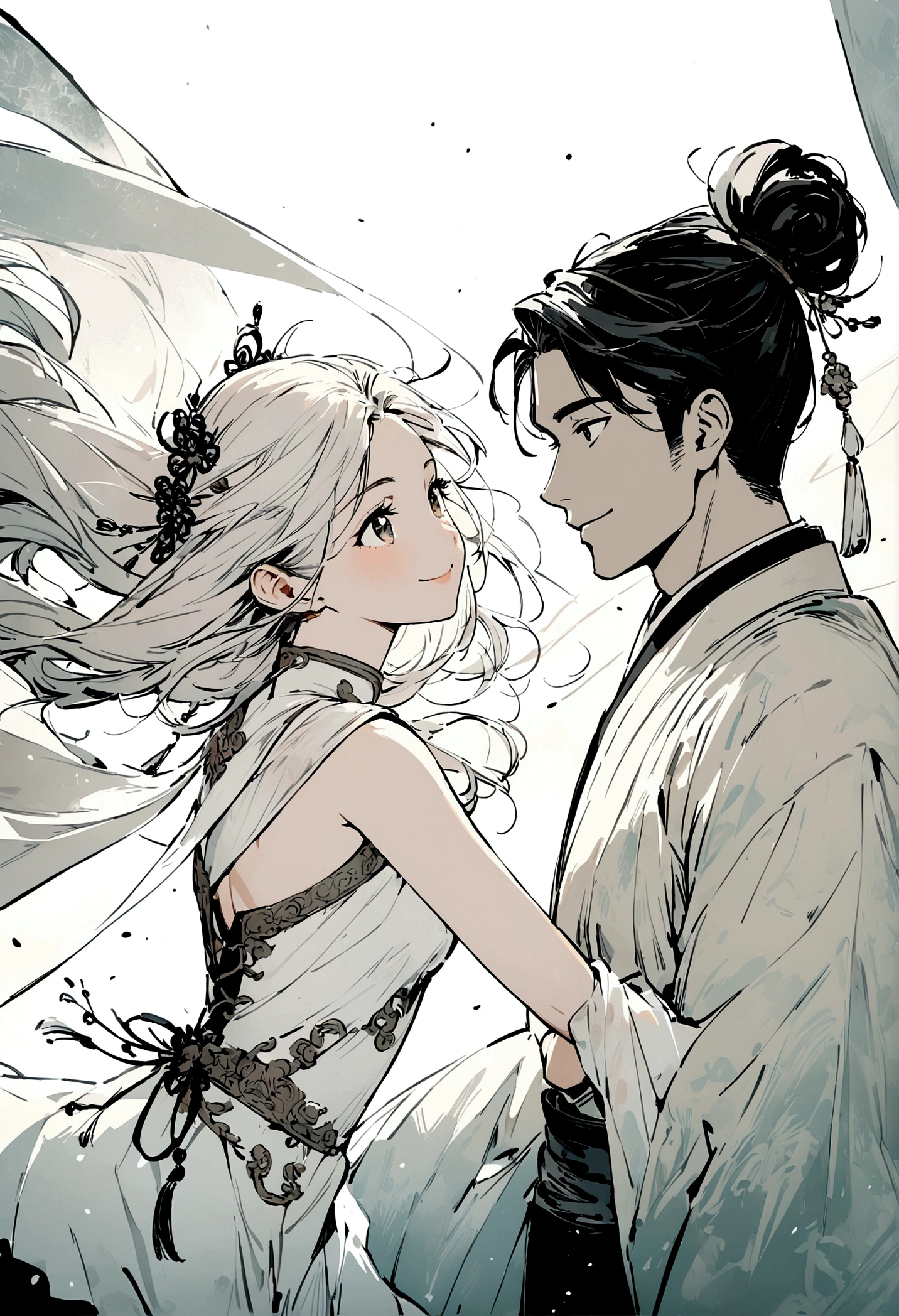 (A couple, beautiful girl and boy), big watery eyes, looking at each other, smiling and wearing white clothes, delicate hair, an ancient Chinese beauty and Handsome guy, wearing ancient Chinese clothing, flowing tulle, light silk,(clean background), ink painting style, clean color, decisive cutting, blank, freehand, masterpiece, super detailed, epic composition, high quality, the highest quality, 4k