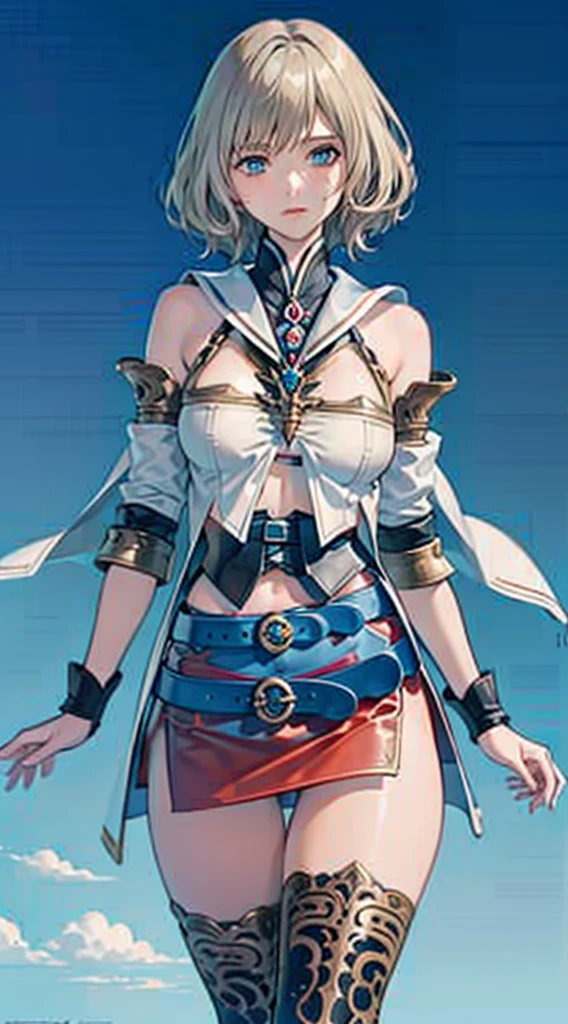 (masutepiece, of the highest quality, Best Quality, Official art, Beautiful and aesthetic:1.2), ighly detailed, Colorful,highest details,Illustrations, fantastical scenes, 1girl in, Solo, (Final Fantasy 12,Ashelia, shorth hair, Ashelia Costume, a miniskirt,knee sox, thighs thighs thighs thighs, jewely, Blue belt,Number on one of the belts), Multiple poses and expressions, gritted teeth, Heavy breathing, move chart,Medieval fantasy