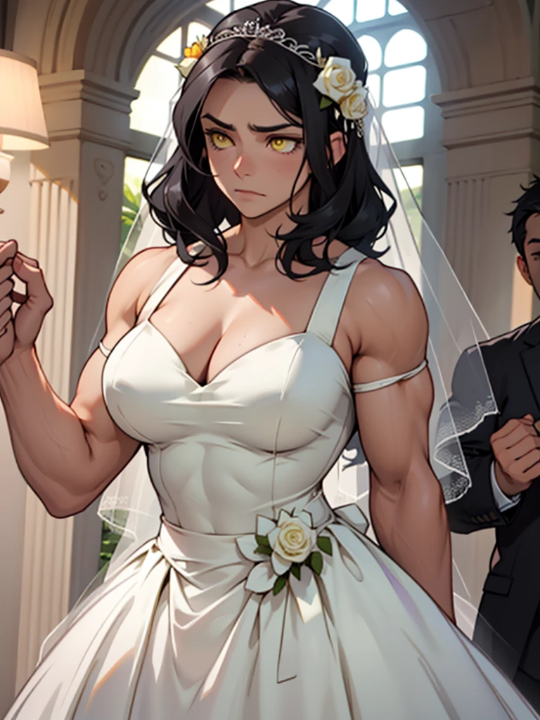 large breasts muscular toned body bodybuilder black hair pale skin yellow eyes skintight expressionless sad sad wedding dress wedding dress wedding dress solo