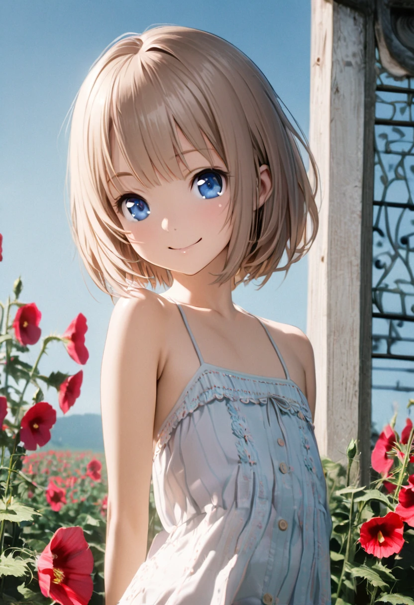 1 girl, 18yo, (flat chest: 1.5), blue eyes, light brown hair, bob cut, early summer outfit, smiling, posing, having fun, upper body, simple background, 8k, RAW photo, best quality, masterpiece, extremely detailed 8k wallpaper, ultra-detailed, best shadow, detailed background, beautiful detailed face, beautiful detailed eyes, nice hands, perfect hands