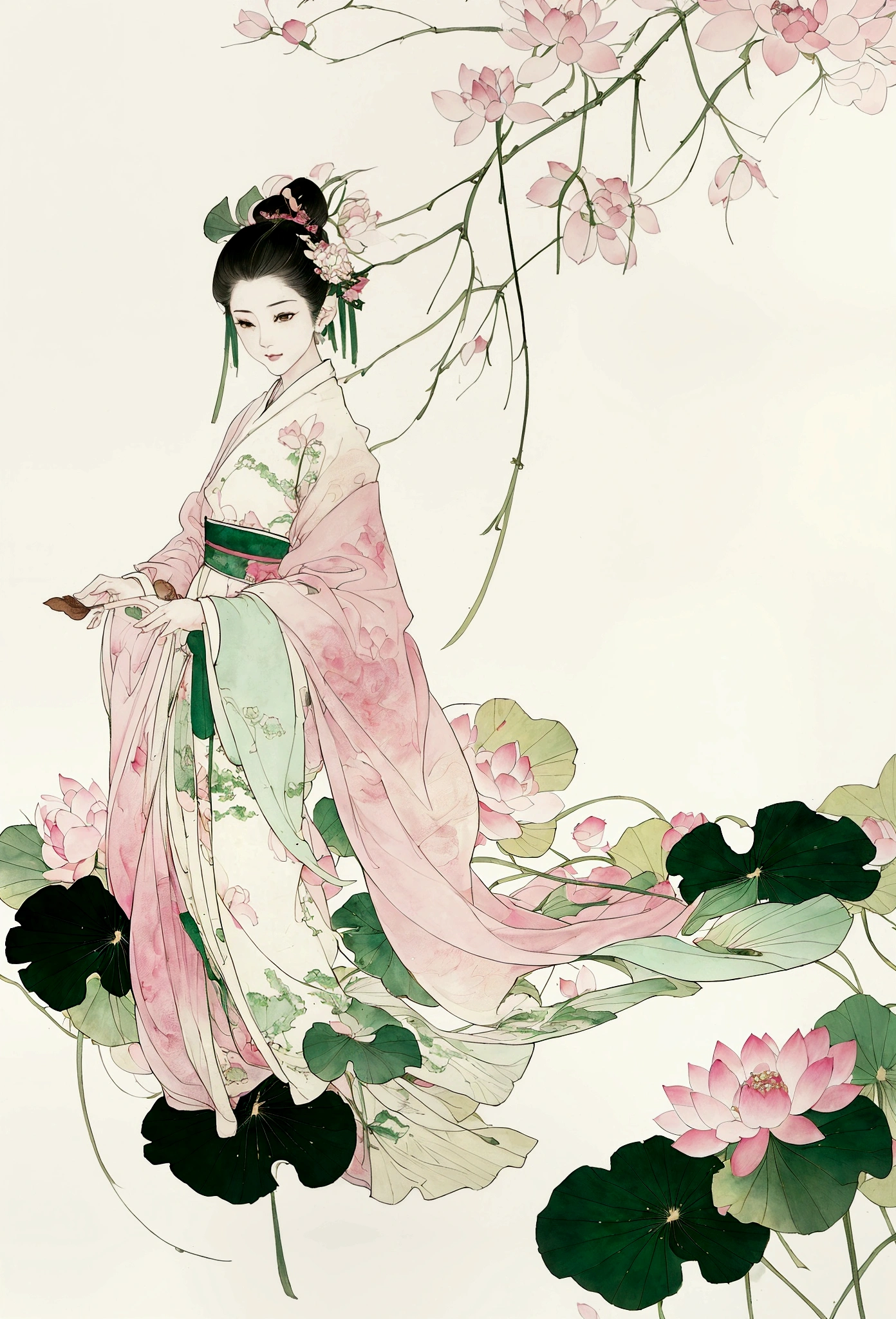 Ink and brushwork style,Lotus,Lotus Leaf,Pink and green color scheme,Simple lines,Hand Painted,HD details,White background,Painting on rice paper,HD 8k