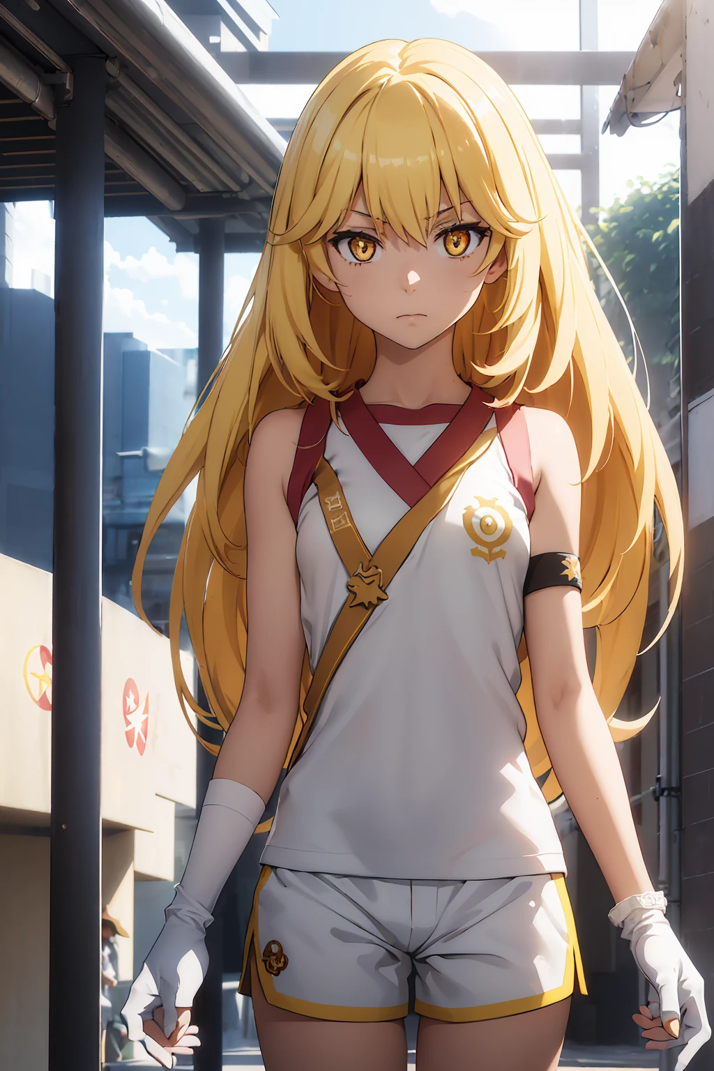 misakishokuhou, misaki shokuhou, blonde, Hair between the eyes, Long Hair, (Symbol-shaped pupil:1.5), + +, (Yellow Eyes:1.5), (Medium Chest:1.2),
break bare shoulders, gloves, gym shirt, gym Shorts, Gym suit, shirt, short Shorts, Shorts, Sleeveless, Sleeveless shirt, Knee socks, tokiwadai school Gym suit, white gloves, white shirt, white Shorts, white Knee socks,
break outdoor, city, null, sun, cloud,
break looking at viewer, (Cowboy Shot:1.5),
break (masterpiece:1.2), Highest quality, High resolution, unity 8k wallpaper, (shape:0.8), (Beautiful attention to detail:1.6), Highly detailed face, Perfect lighting, Extremely detailed CG, (Perfect hands, Perfect Anatomy),
