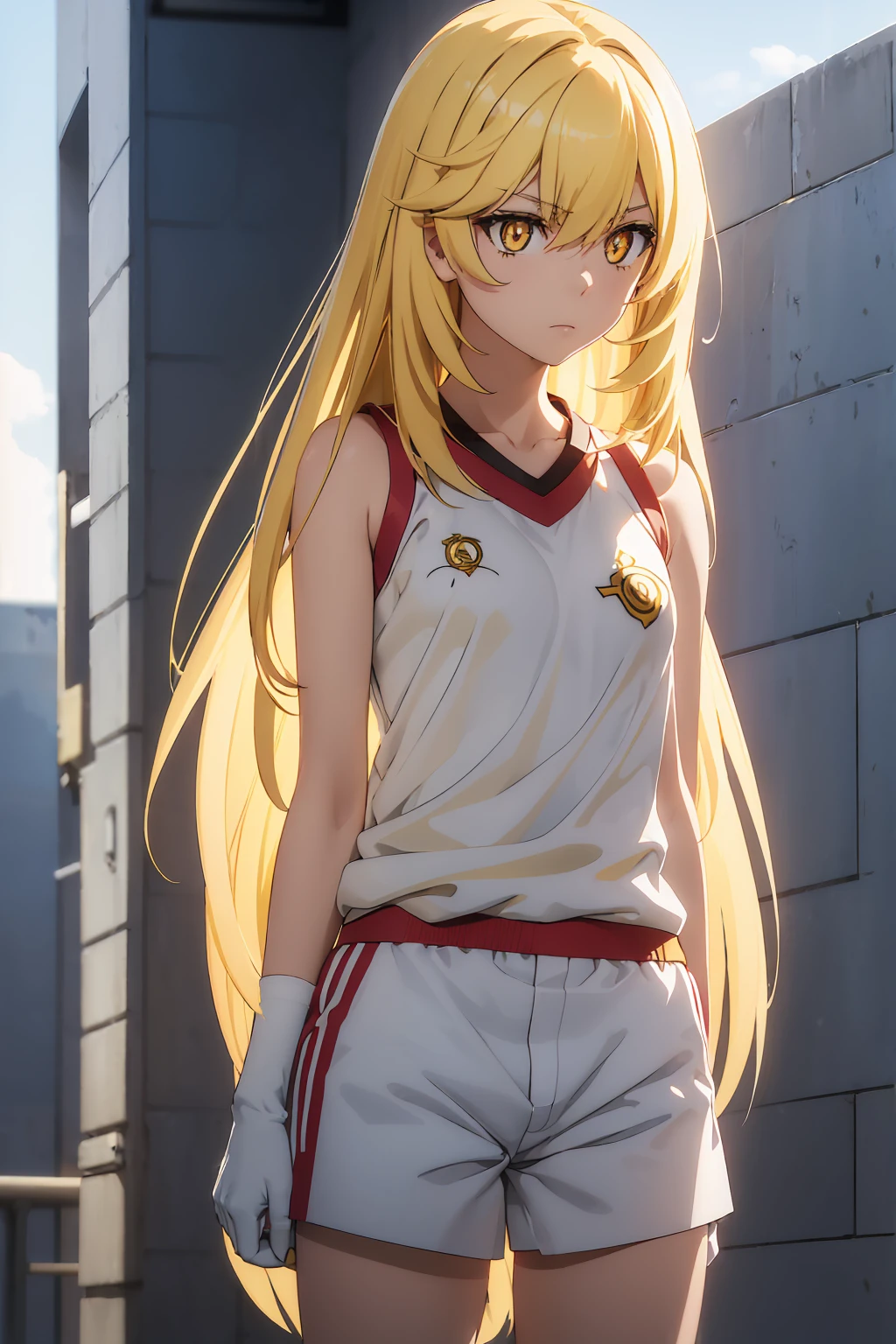 misakishokuhou, misaki shokuhou, blonde, Hair between the eyes, Long Hair, (Symbol-shaped pupil:1.5), + +, (Yellow Eyes:1.5), (Medium Chest:1.2),
break bare shoulders, gloves, gym shirt, gym Shorts, Gym suit, shirt, short Shorts, Shorts, Sleeveless, Sleeveless shirt, Knee socks, tokiwadai school Gym suit, white gloves, white shirt, white Shorts, white Knee socks,
break outdoor, city, null, sun, cloud,
break looking at viewer, (Cowboy Shot:1.5),
break (masterpiece:1.2), Highest quality, High resolution, unity 8k wallpaper, (shape:0.8), (Beautiful attention to detail:1.6), Highly detailed face, Perfect lighting, Extremely detailed CG, (Perfect hands, Perfect Anatomy),