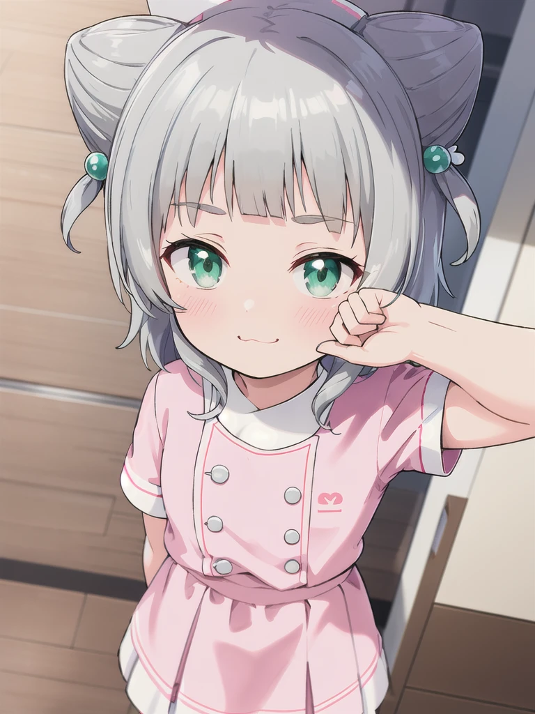 indoor,((hospital)),hospitalのベッド,Looking down from above,face focus, Green Eyes, Grey Hair, hair ornaments, bangs, Virtual YouTuber, Shine, blunt bangs, Double Bang, Animal ears, Flat Chest,Pink nurse uniform,Nurse hat,blush, ,, smile, orgasm,in heat,Are standing,topless,Pink bra,1boy,faceless male,male hands,{{{male hands rub her breasts}}}