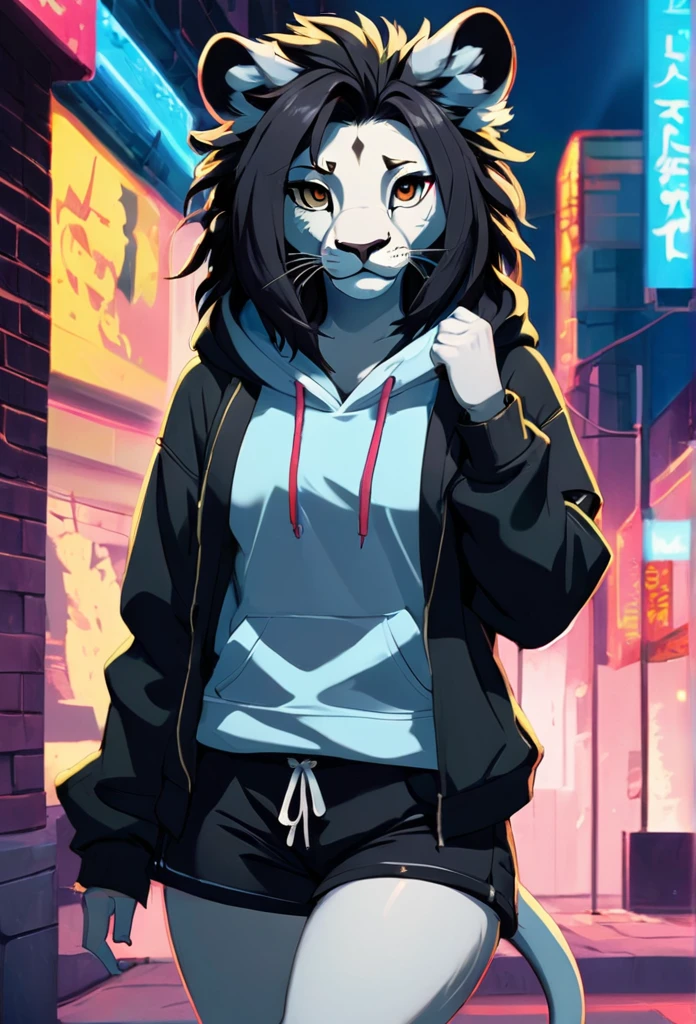 Stylized cinematic anime artwork, fluffy anthro furry, lion, female, black dreadlock hair, dreadlocks are tucked back, hoodie, shorts, single tail, subsurface scattering, smooth lines, caustics, hyper realistic painting