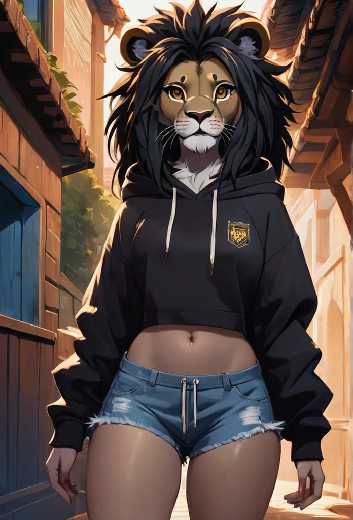 Stylized cinematic anime artwork, fluffy anthro furry, lion, female, black dreadlock hair, dreadlocks are tucked back, hoodie, shorts, single tail, subsurface scattering, smooth lines, caustics, hyper realistic painting