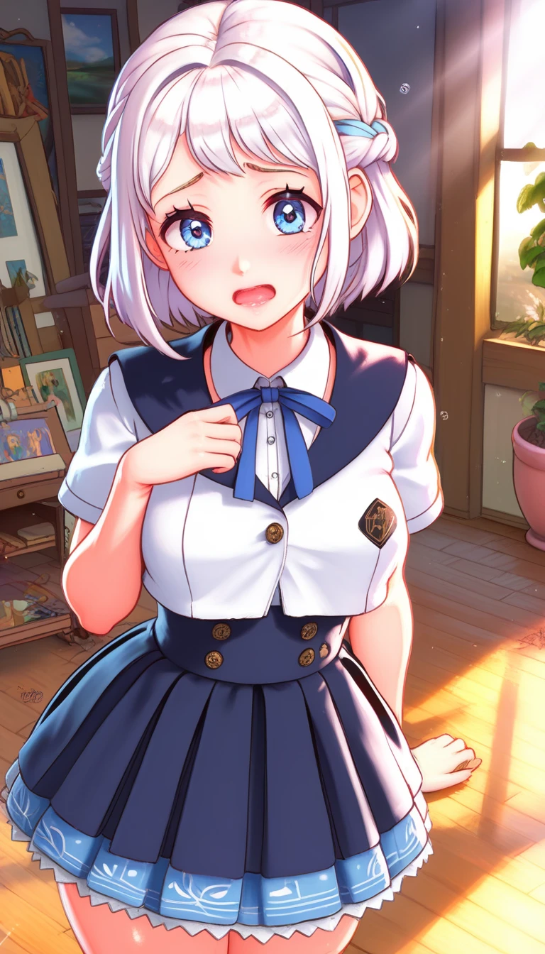 16k,8k,4K, lilja-default , katsuragi lilja,blue eyes,white hair,short hair,braid,,sailor collar,neck ribbon, white shirt,layered skirt,high-waist skirt,blush,embarrassing,big breast,thick thighs,shiny skin, 16k, 8k, 4k, best quality, extremely detailed fine touch, hyper detailed, highly detailed, top quality, extreme quality, ultra details, absurdres, masterpiece, amazing details, beautiful illustration, detailed face, source_anime, digital painting, anime, very aesthetic, natural light, sun light, light rays, dappled light, reflection, shadows, ray tracing, soft lighting, bright colors, vivid colors, hdr, volumetric 