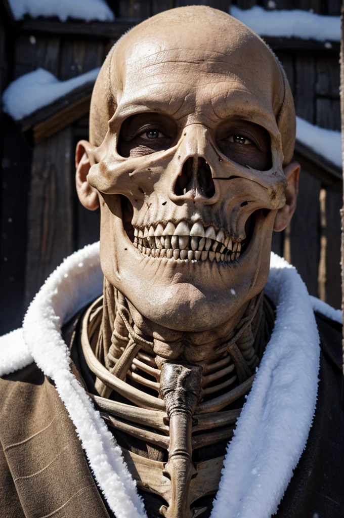 tall thin 50 year old man evil villain, half of the face is decomposed and very rotten showing the larvae, showing some of the bones, Wearing medieval clothes, Snow Background, realisitic