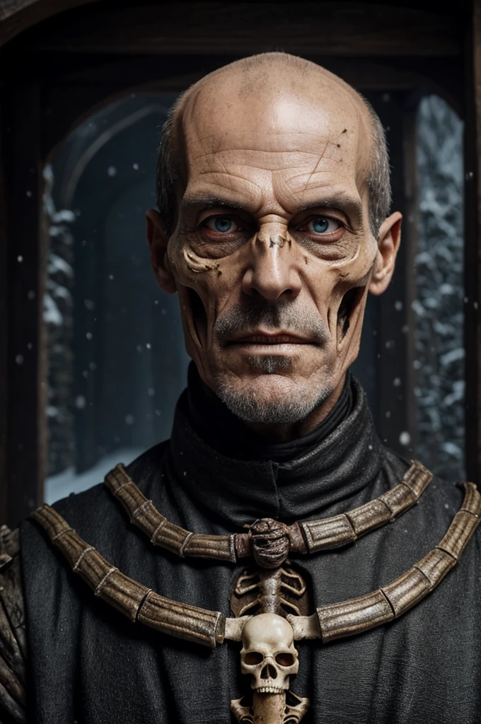 tall thin 50 year old man evil villain, half of the face is decomposed and very rotten showing the larvae, showing some of the bones, Wearing medieval clothes, Snow Background, realisitic