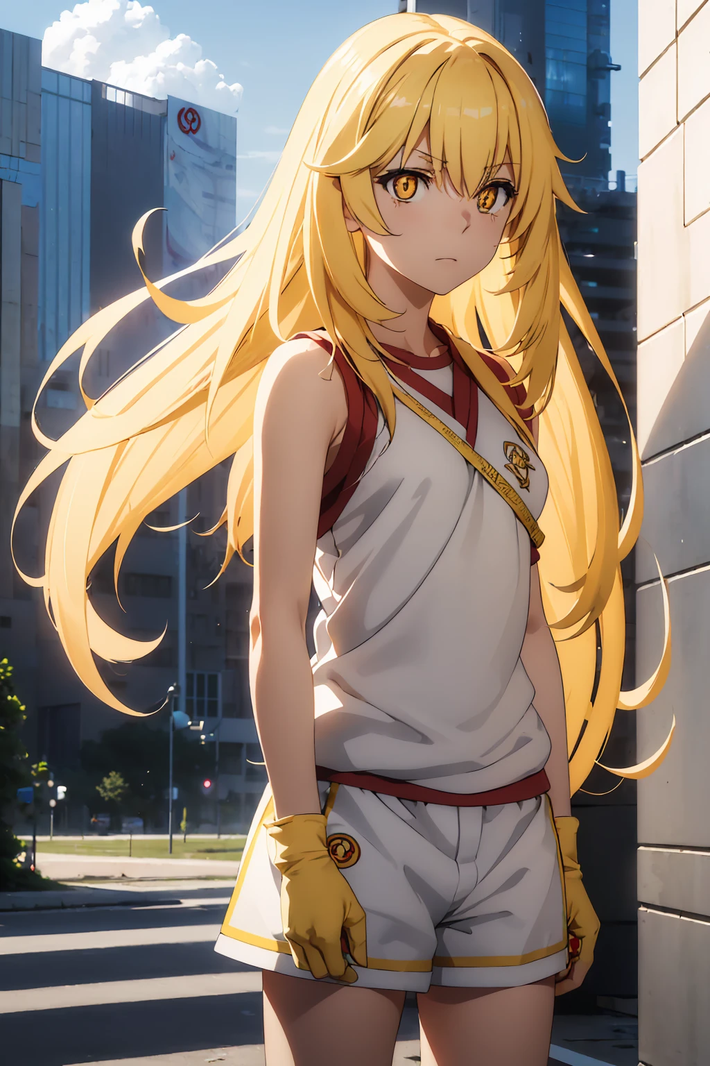 misakishokuhou, misaki shokuhou, blonde, Hair between the eyes, Long Hair, (Symbol-shaped pupil:1.5), + +, (Yellow Eyes:1.5), (Medium Chest:1.2), break bare shoulders, gloves, gym shirt, gym Shorts, Gym suit, shirt, short Shorts, Shorts, Sleeveless, Sleeveless shirt, Knee socks, tokiwadai school Gym suit, white gloves, white shirt, white Shorts, white Knee socks, break outdoor, city, null, sun, cloud, break looking at viewer, (Cowboy Shot:1.5), break (masterpiece:1.2), Highest quality, High resolution, unity 8k wallpaper, (shape:0.8), (Beautiful attention to detail:1.6), Highly detailed face, Perfect lighting, Extremely detailed CG, (Perfect hands, Perfect Anatomy),
