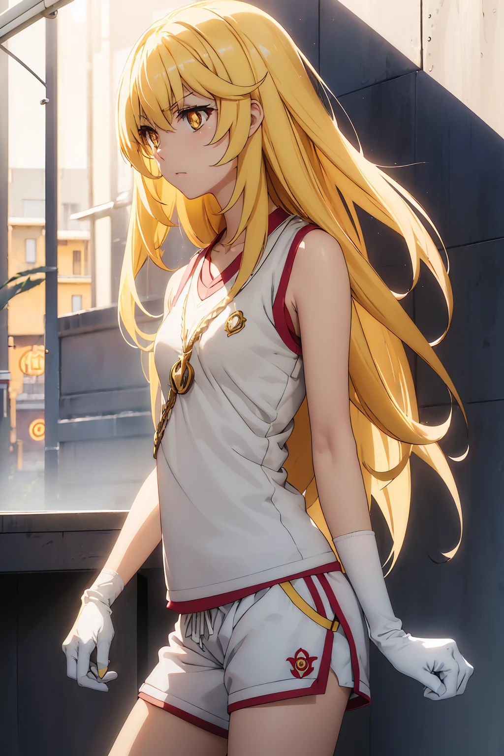 misakishokuhou, misaki shokuhou, blonde, Hair between the eyes, Long Hair, (Symbol-shaped pupil:1.5), + +, (Yellow Eyes:1.5), (Medium Chest:1.2), break bare shoulders, gloves, gym shirt, gym Shorts, Gym suit, shirt, short Shorts, Shorts, Sleeveless, Sleeveless shirt, Knee socks, tokiwadai school Gym suit, white gloves, white shirt, white Shorts, white Knee socks, break outdoor, city, null, sun, cloud, break looking at viewer, (Cowboy Shot:1.5), break (masterpiece:1.2), Highest quality, High resolution, unity 8k wallpaper, (shape:0.8), (Beautiful attention to detail:1.6), Highly detailed face, Perfect lighting, Extremely detailed CG, (Perfect hands, Perfect Anatomy),