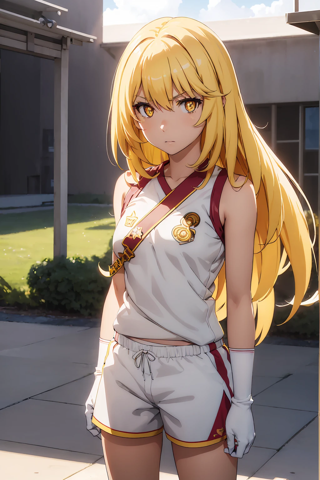NSFW Highest quality, (masterpiece:1.2),{{shirtリフト}} {{topless}},misakishokuhou, misaki shokuhou, blonde, Hair between the eyes, Long Hair, (Symbol-shaped pupil:1.5)++, (Big Breasts), break bare shoulders, gloves, gym shirt, gym Shorts, Gym suit, shirt, short Shorts, Gym suit, Shorts, White knee socks, break outdoor, city, null, sun, cloud, break looking at viewer, (Cowboy Shot:1.5), break (masterpiece:1.2), Highest quality, High resolution, unity 8k wallpaper, (shape:0.8), (Beautiful attention to detail:1.6), Highly detailed face, Perfect lighting, Extremely detailed CG, (Perfect hands, Perfect ???????),