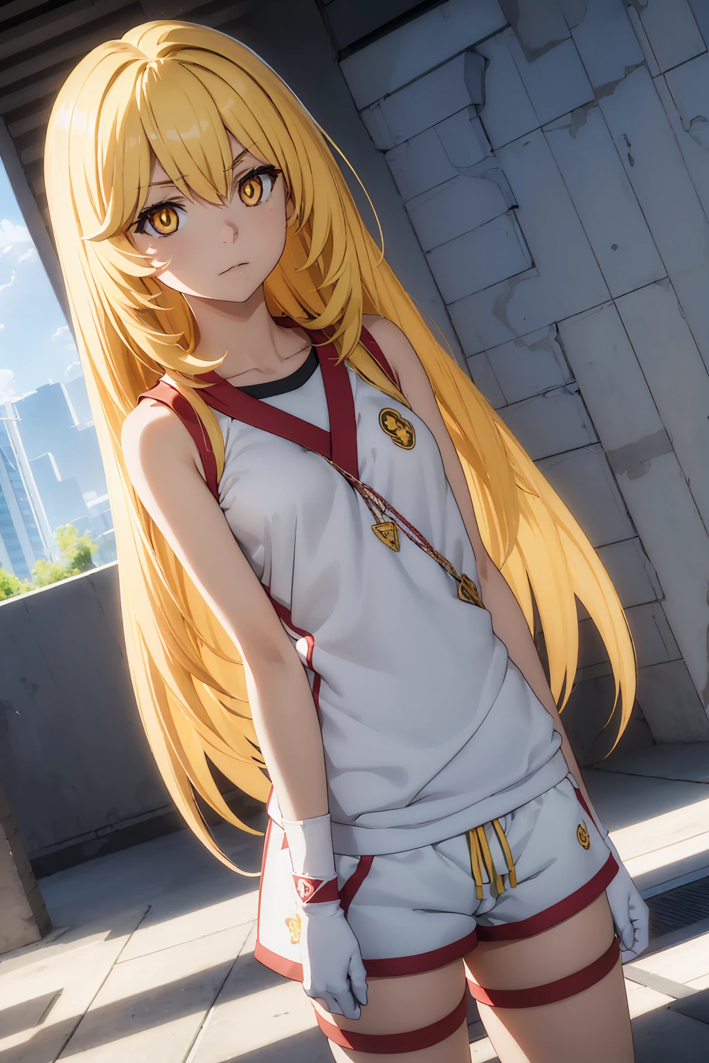 misakishokuhou, misaki shokuhou, blonde, Hair between the eyes, Long Hair, (Symbol-shaped pupil:1.5), + +, (Yellow Eyes:1.5), (Medium Chest:1.2), break bare shoulders, gloves, gym shirt, gym Shorts, Gym suit, shirt, short Shorts, Shorts, Sleeveless, Sleeveless shirt, Knee socks, tokiwadai school Gym suit, white gloves, white shirt, white Shorts, white Knee socks, break outdoor, city, null, sun, cloud, break looking at viewer, (Cowboy Shot:1.5), break (masterpiece:1.2), Highest quality, High resolution, unity 8k wallpaper, (shape:0.8), (Beautiful attention to detail:1.6), Highly detailed face, Perfect lighting, Extremely detailed CG, (Perfect hands, Perfect Anatomy),