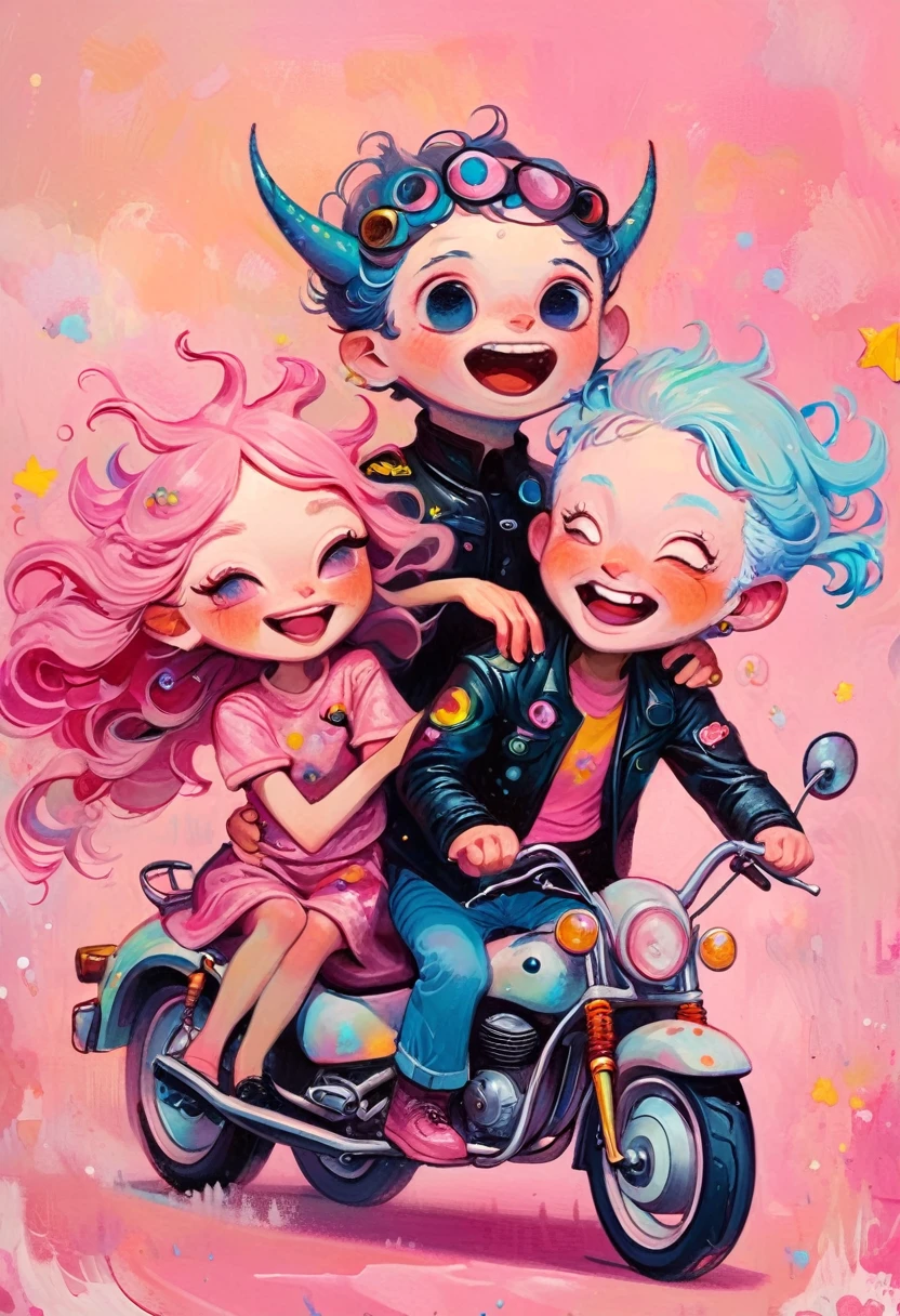 Jon Burgerman,Happy laughing old couple riding motorcycle, with horns on their heads, pink background, pink background,Zhang Jingna,in the style of aggressive digital illustration, bold and colorful portraits, lit kid, Picasso,Hikari Shimoda。