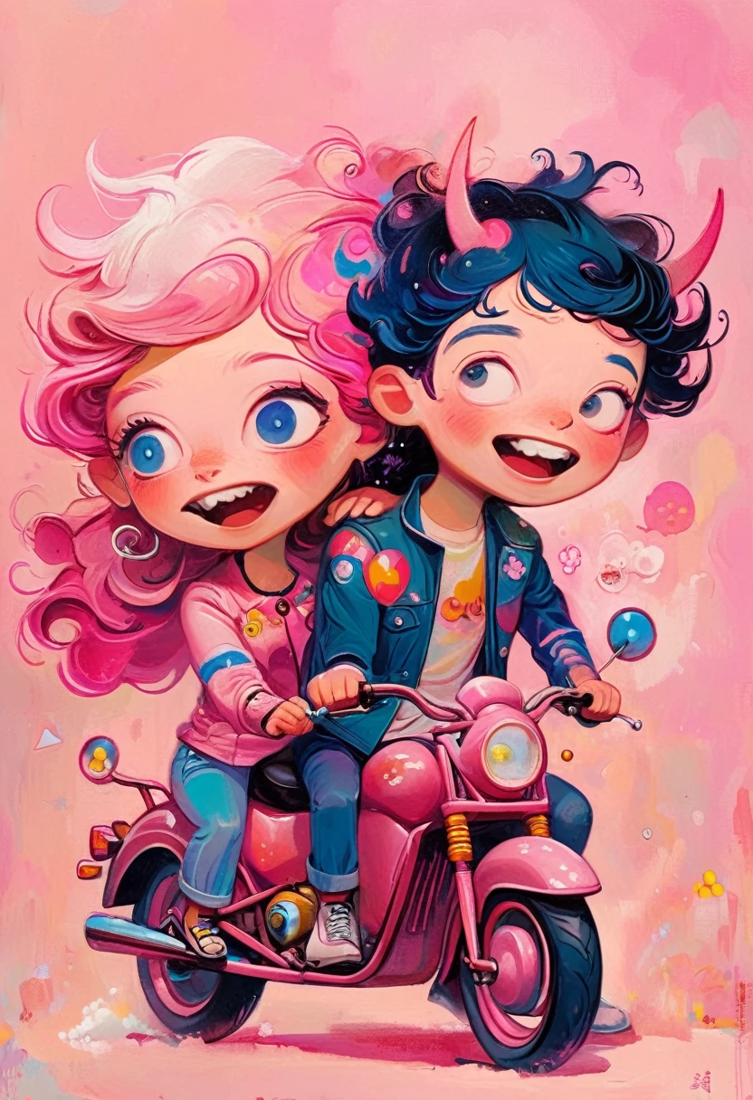Jon Burgerman,Happy laughing old couple riding motorcycle, with horns on their heads, pink background, pink background,Zhang Jingna,in the style of aggressive digital illustration, bold and colorful portraits, lit kid, Picasso,Hikari Shimoda。