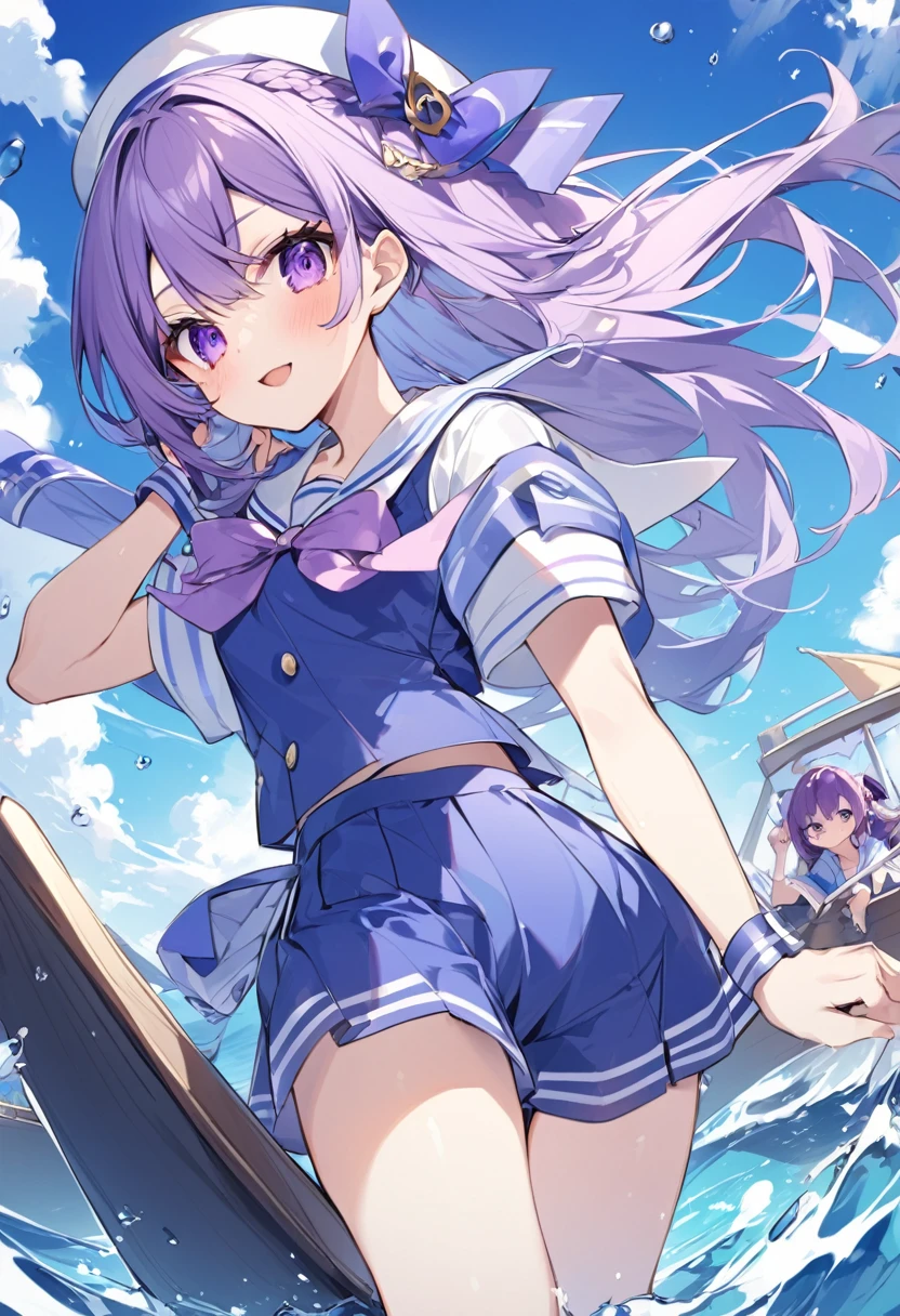 Keito。Purple Eyes。Purple Hair。Sailor suit。Boat。