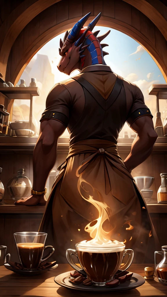 Dragon barista, view from behind , full bidy