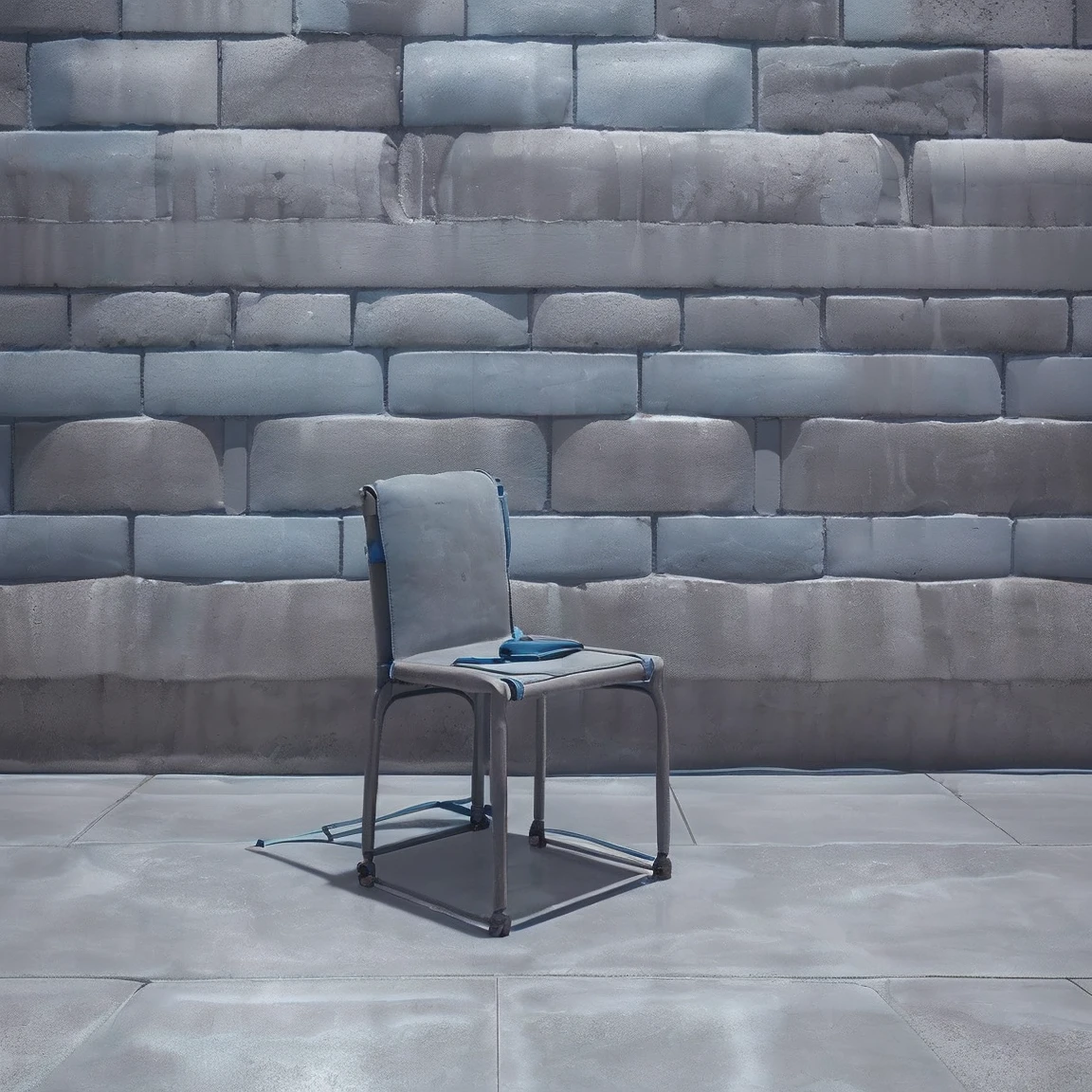 (((((Blue stone wall)))))、(((((Grey concrete floor)))))、(((((Bag on chair)))))、(((((The bag is facing straight ahead)))))、(((((Photogenic quality)))))、(((Wide angle of view)))