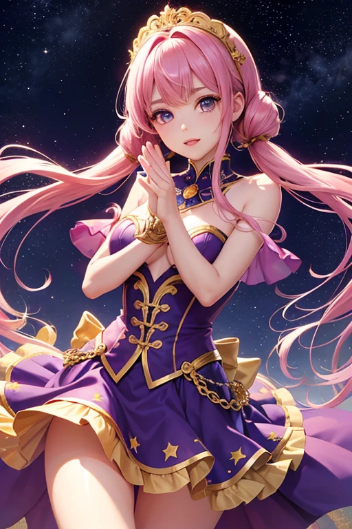 Highest quality、Highest quality、Masterpiece、woman1people、Purple shiny decollete dress、Golden embroidery、Frill mini skirt dress、Perfect body line、Adorable poses、Realistic、Glowing Skin、Groomed eyebrows、Pink Lips、Pink Hair、Blue Eyes、Twin tails、delicate、Shiny Hair、detailed、Skirt in the wind、The background is the starry sky and the sea